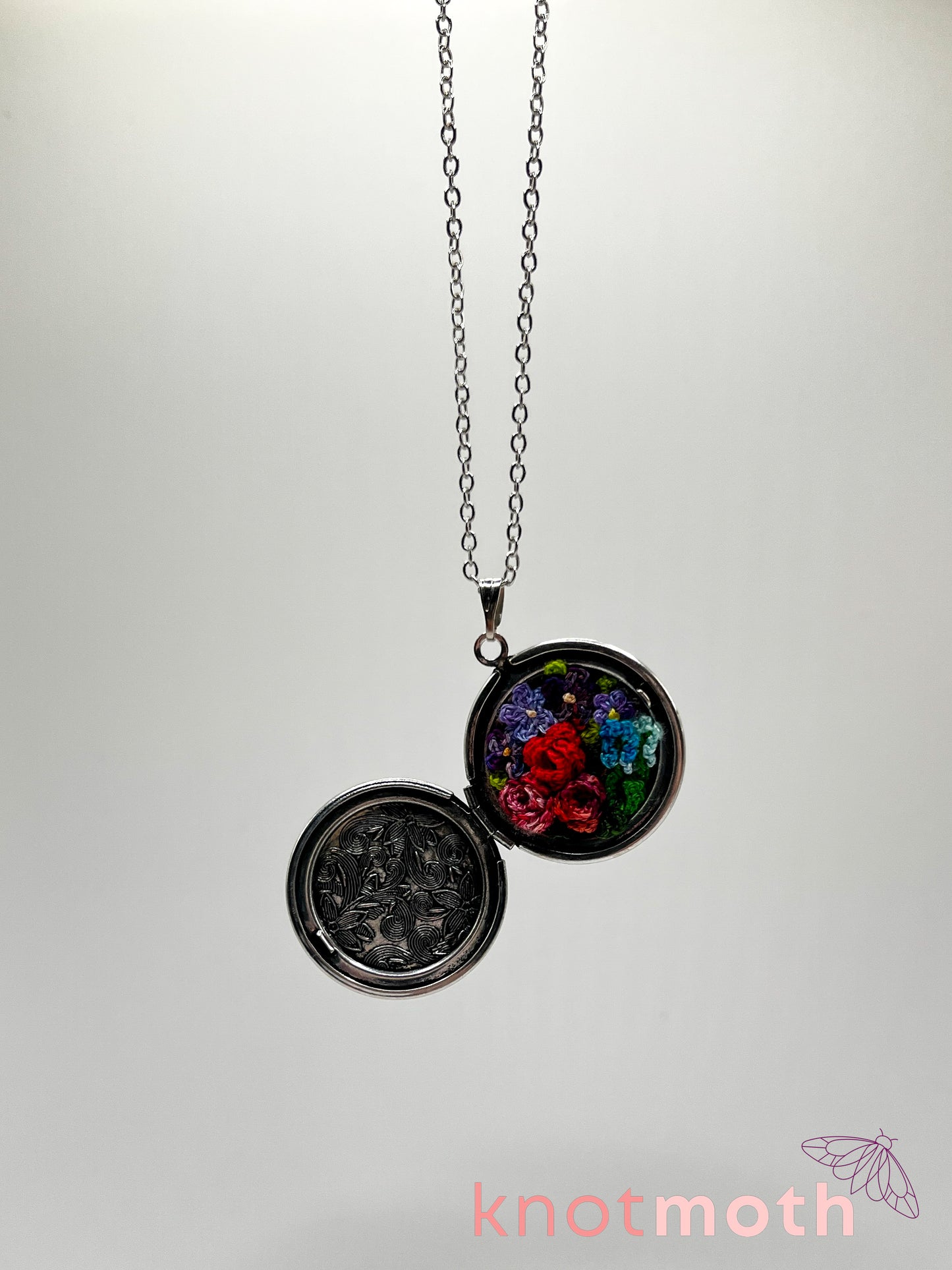 Roses, violets, and lupines (love & happiness) floriography micro-crochet locket