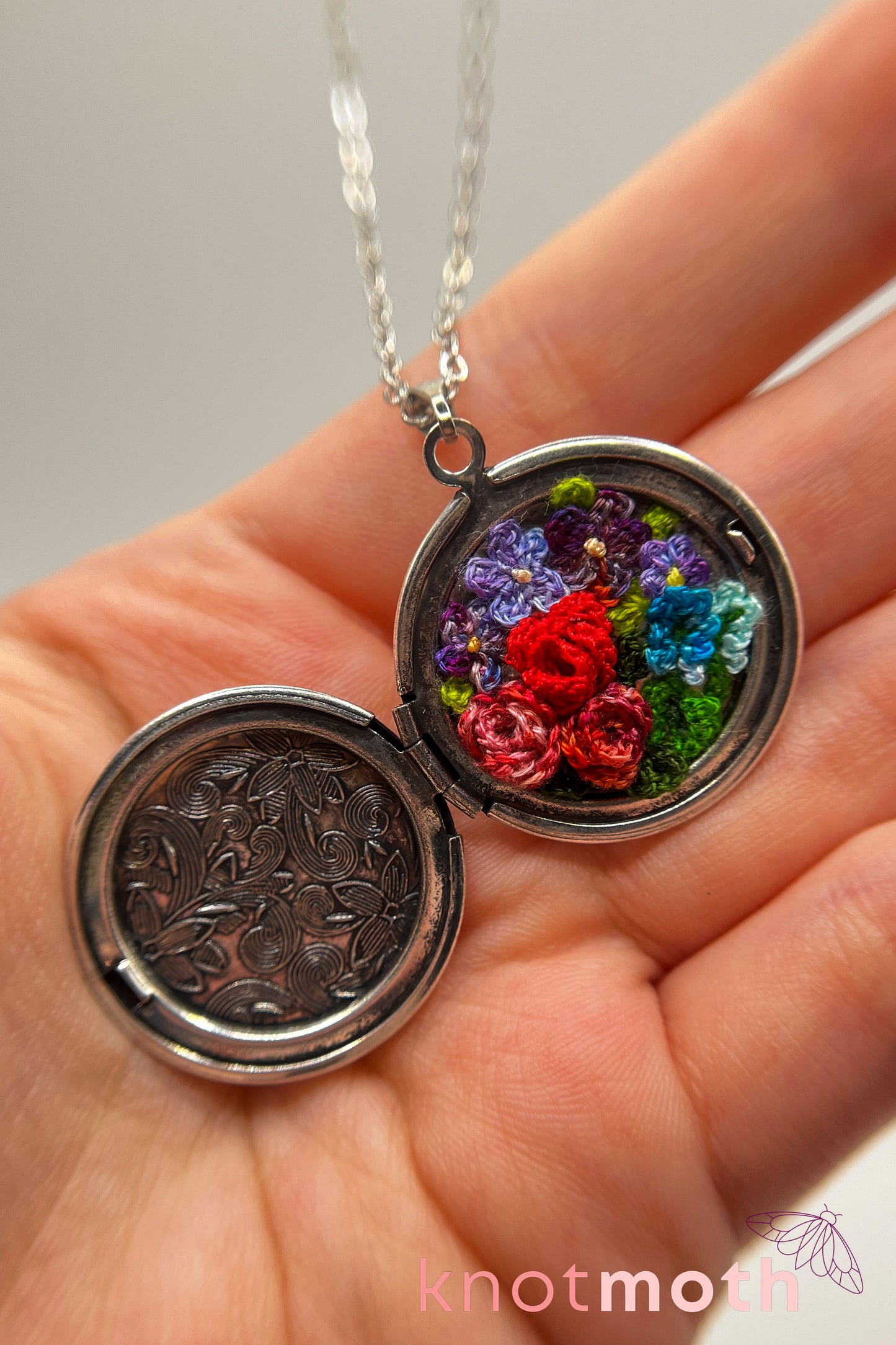 Roses, violets, and lupines (love & happiness) floriography micro-crochet locket