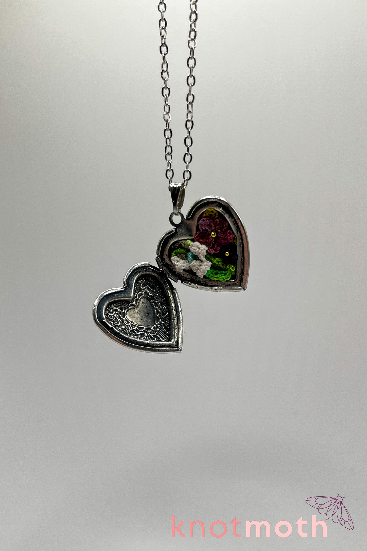Lily of the valley and violets (joy & love) floriography micro-crochet locket