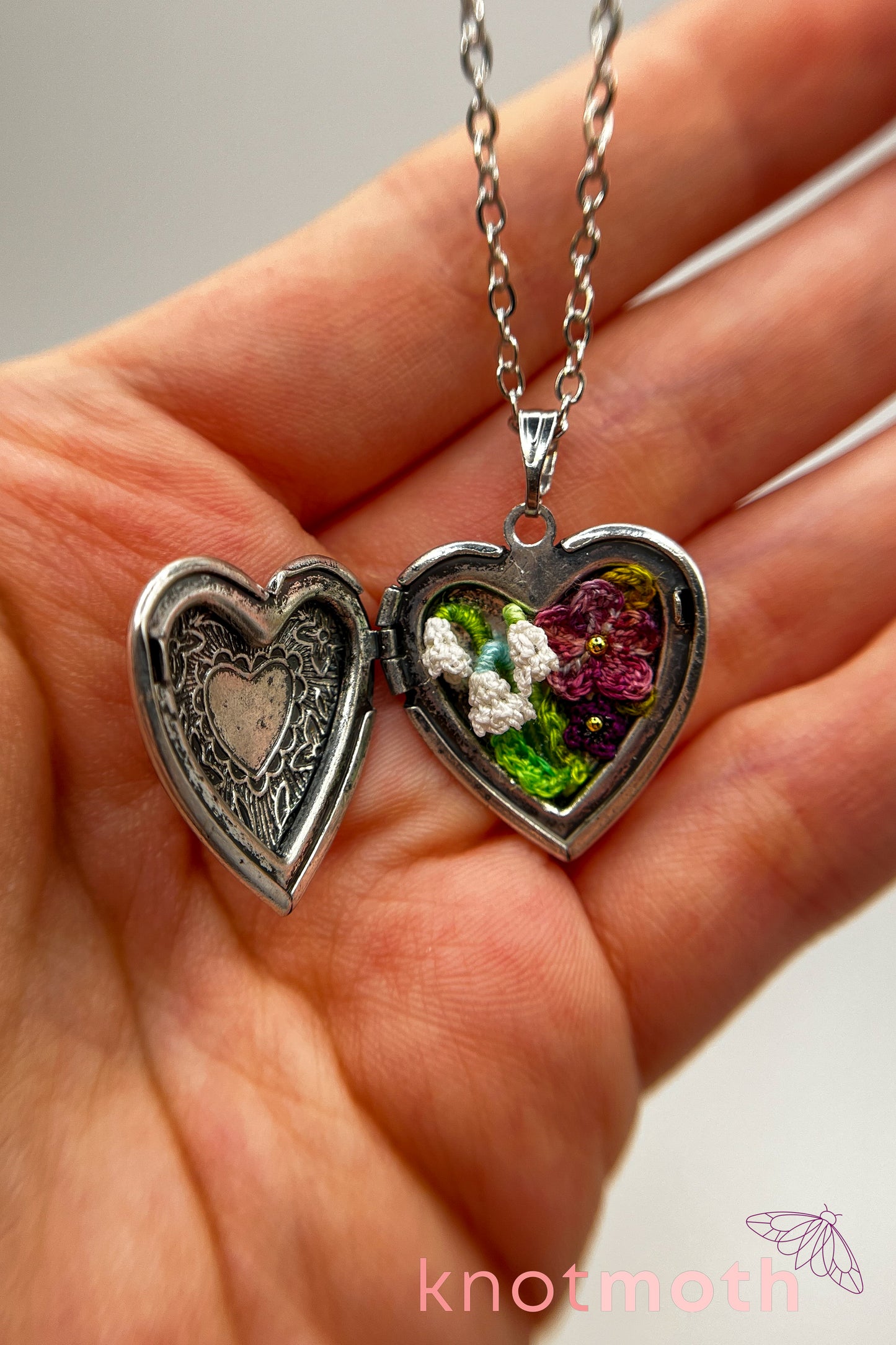 Lily of the valley and violets (joy & love) floriography micro-crochet locket