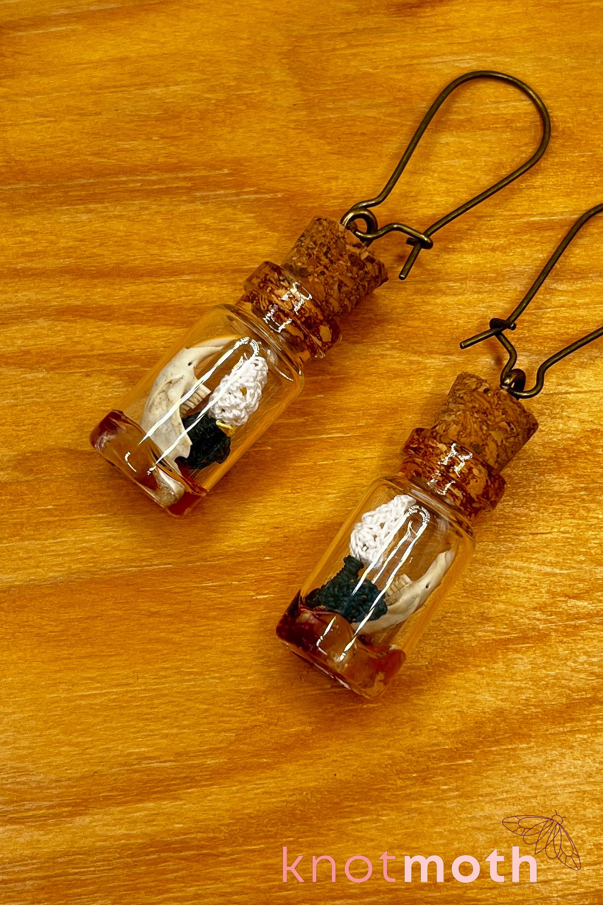 Peace lily flower micro crochet and jawbone terrarium jar earrings