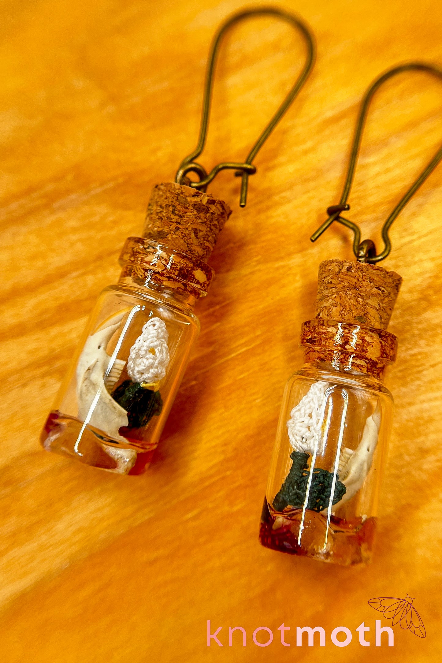 Peace lily flower micro crochet and jawbone terrarium jar earrings