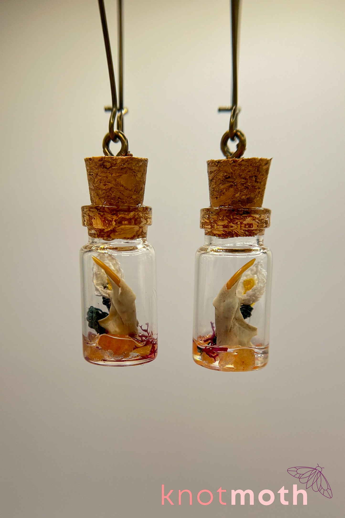 Peace lily flower micro crochet and jawbone terrarium jar earrings