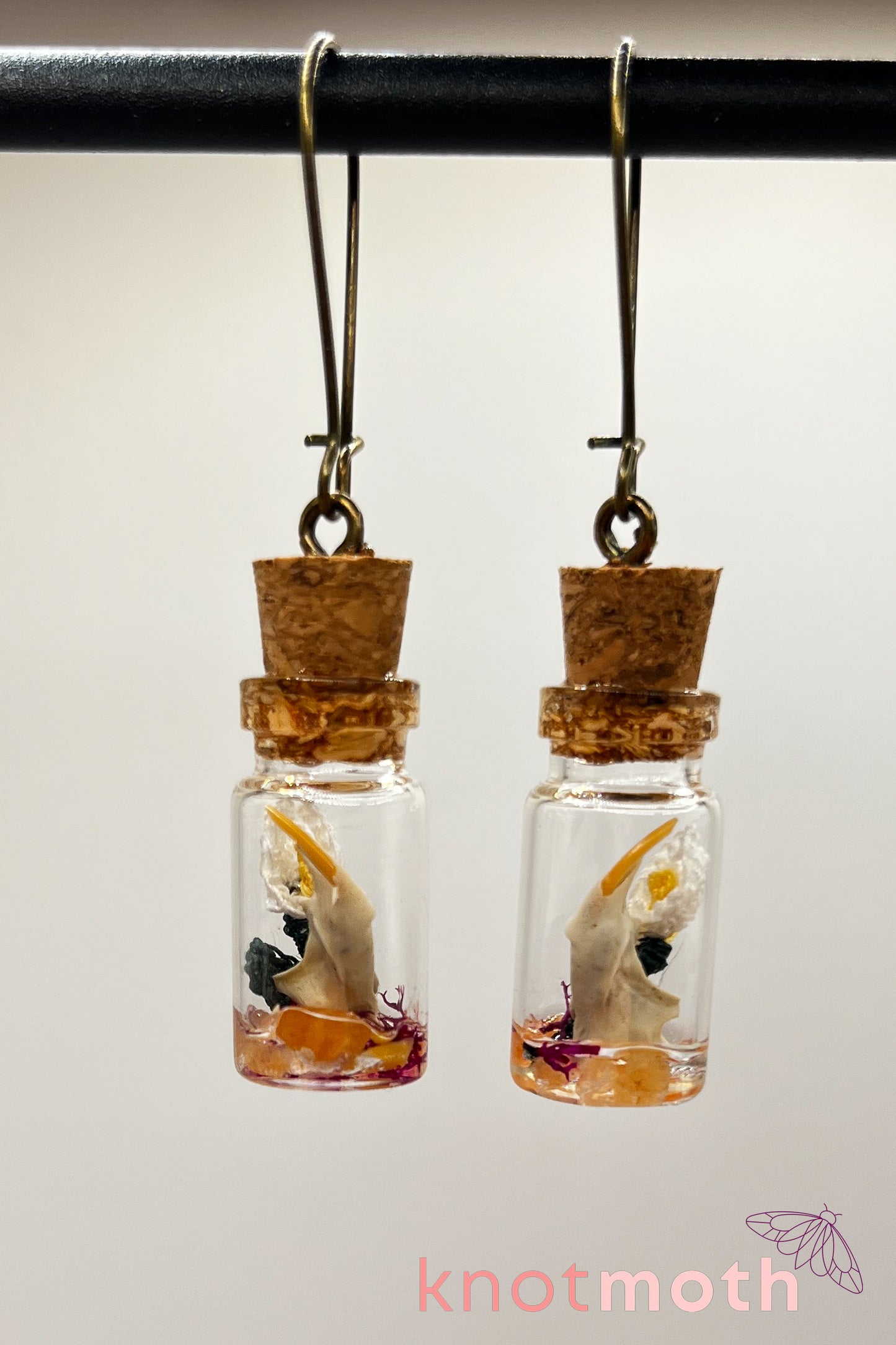 Peace lily flower micro crochet and jawbone terrarium jar earrings