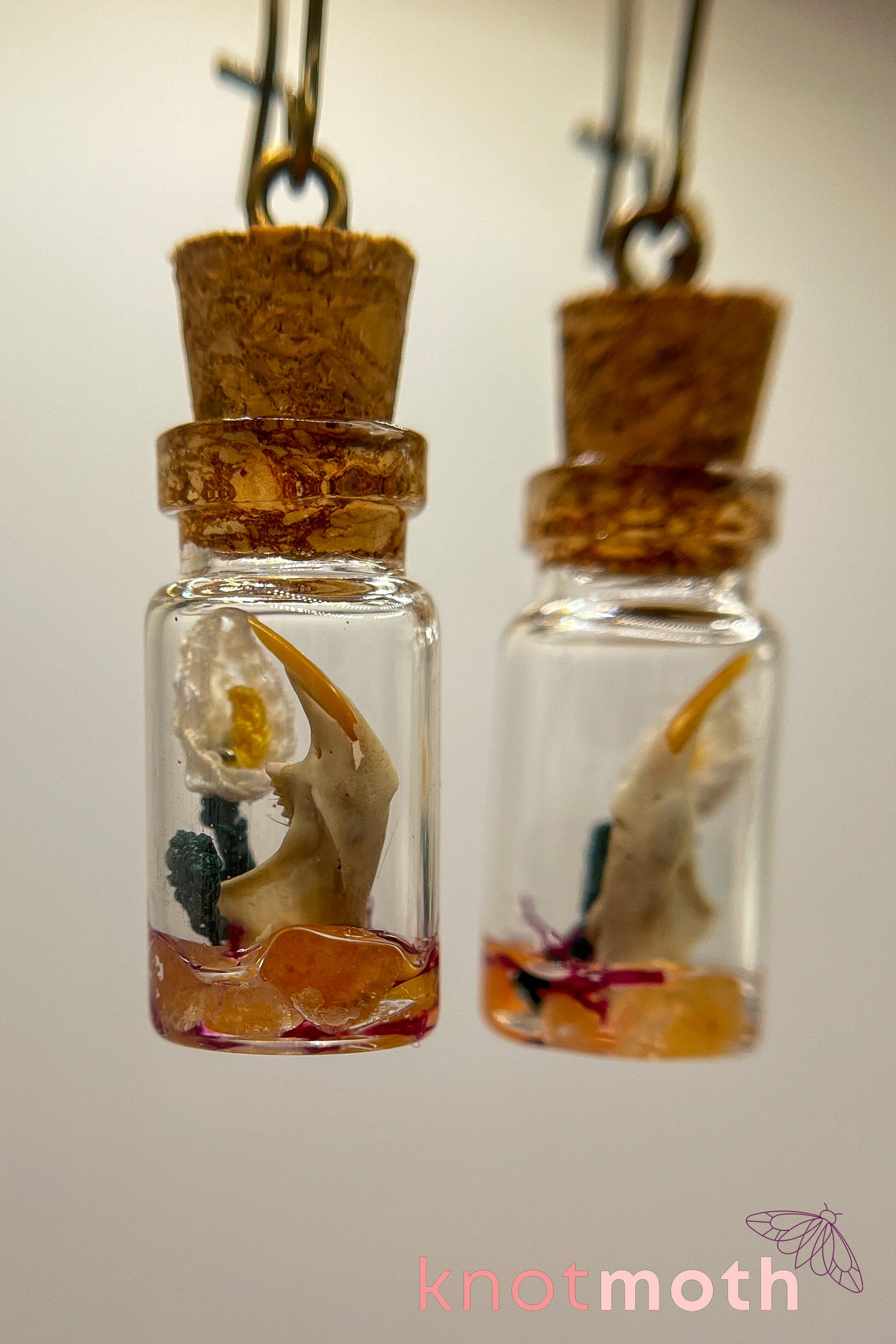 Peace lily flower micro crochet and jawbone terrarium jar earrings