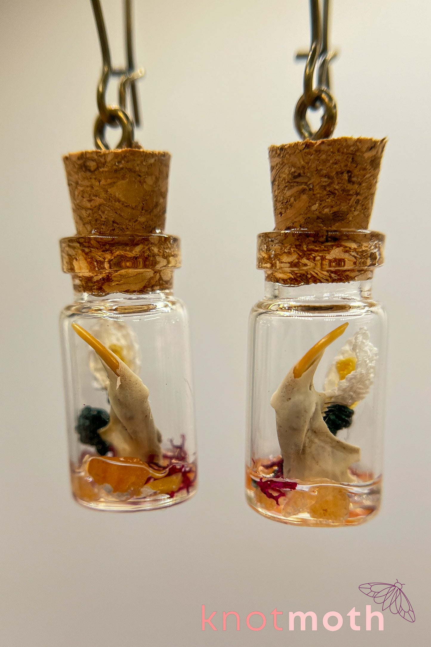 Peace lily flower micro crochet and jawbone terrarium jar earrings