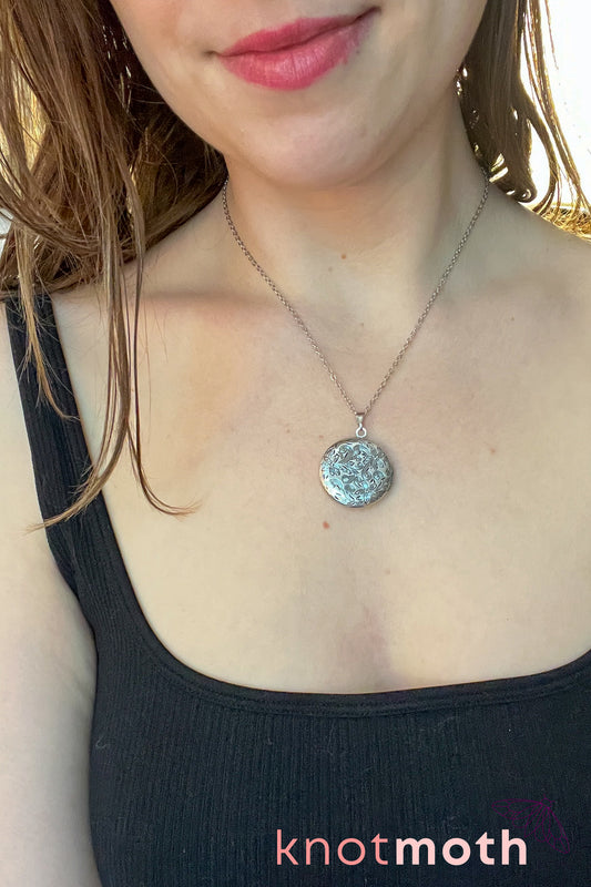 Roses, violets, and lupines (love & happiness) floriography micro-crochet locket