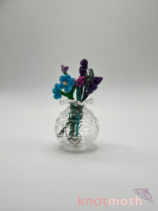 micro crochet flower arrangement in glass vase