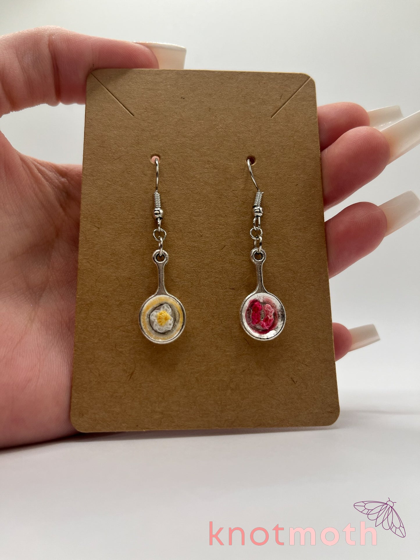 egg & bacon in miniature frying pan micro crochet earrings