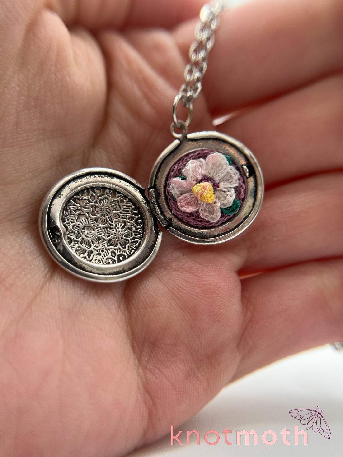 cosmos floriography micro-crochet locket