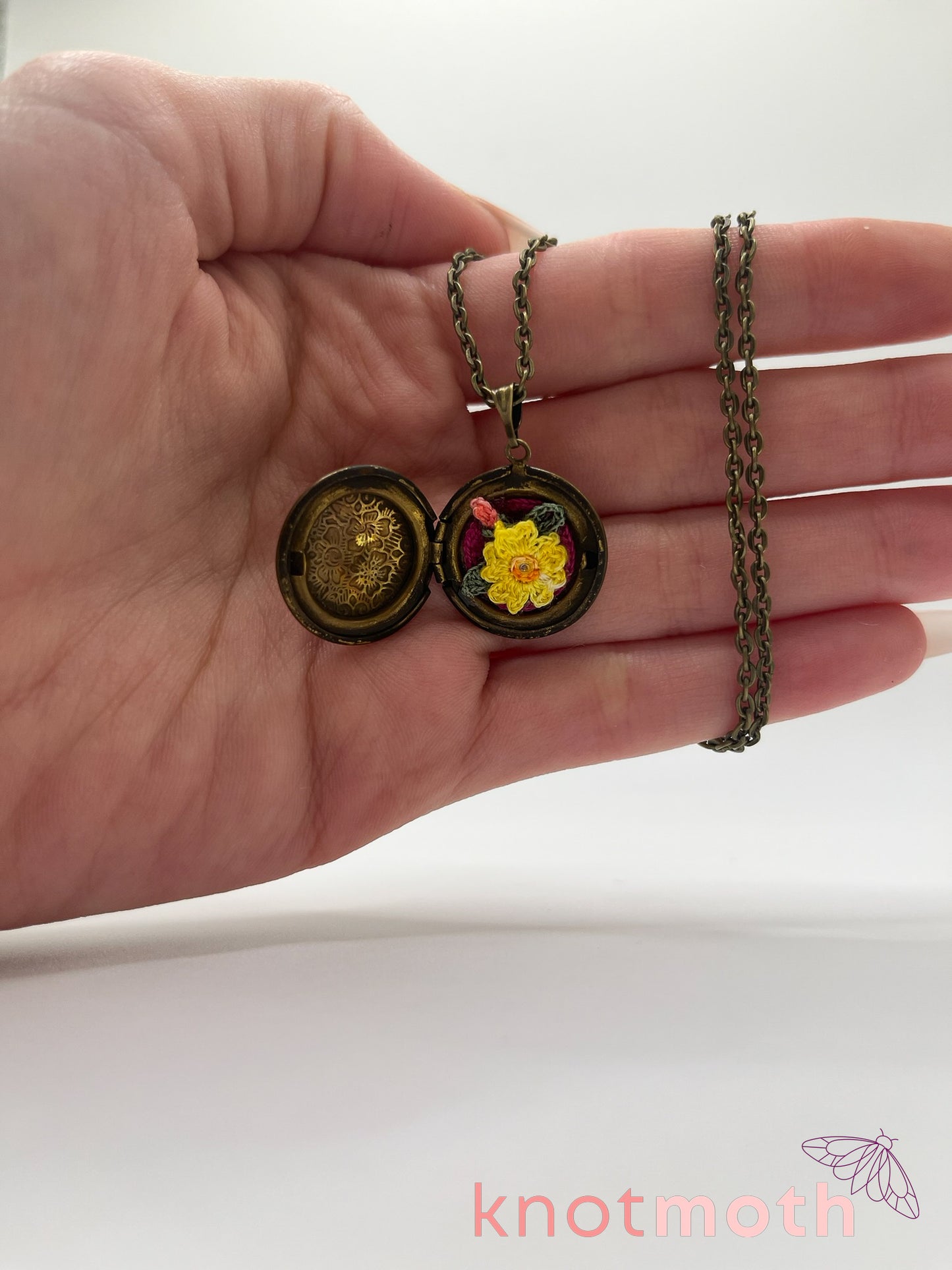 evening primrose floriography micro-crochet locket