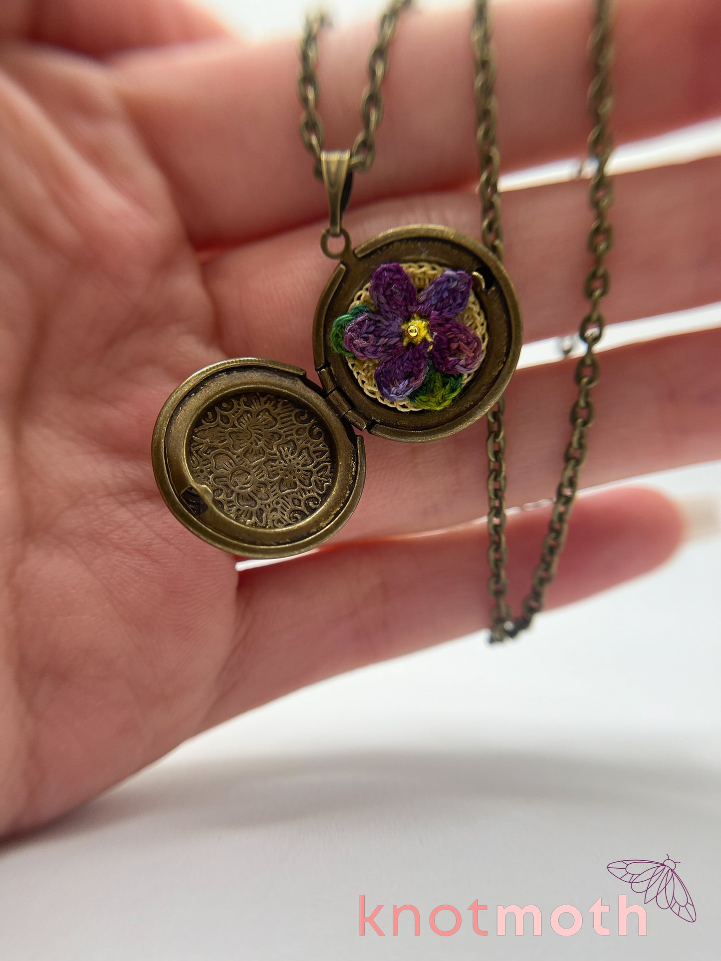 violet floriography micro-crochet locket