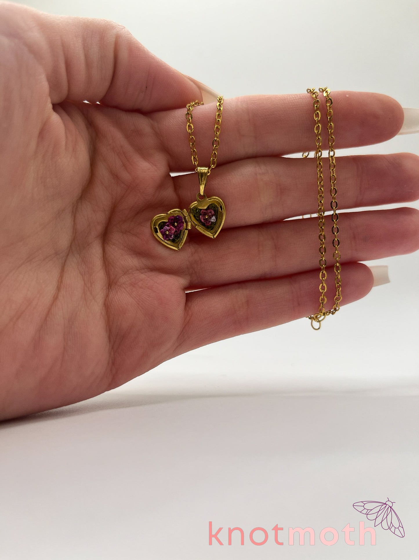 violets floriography micro-crochet heart locket
