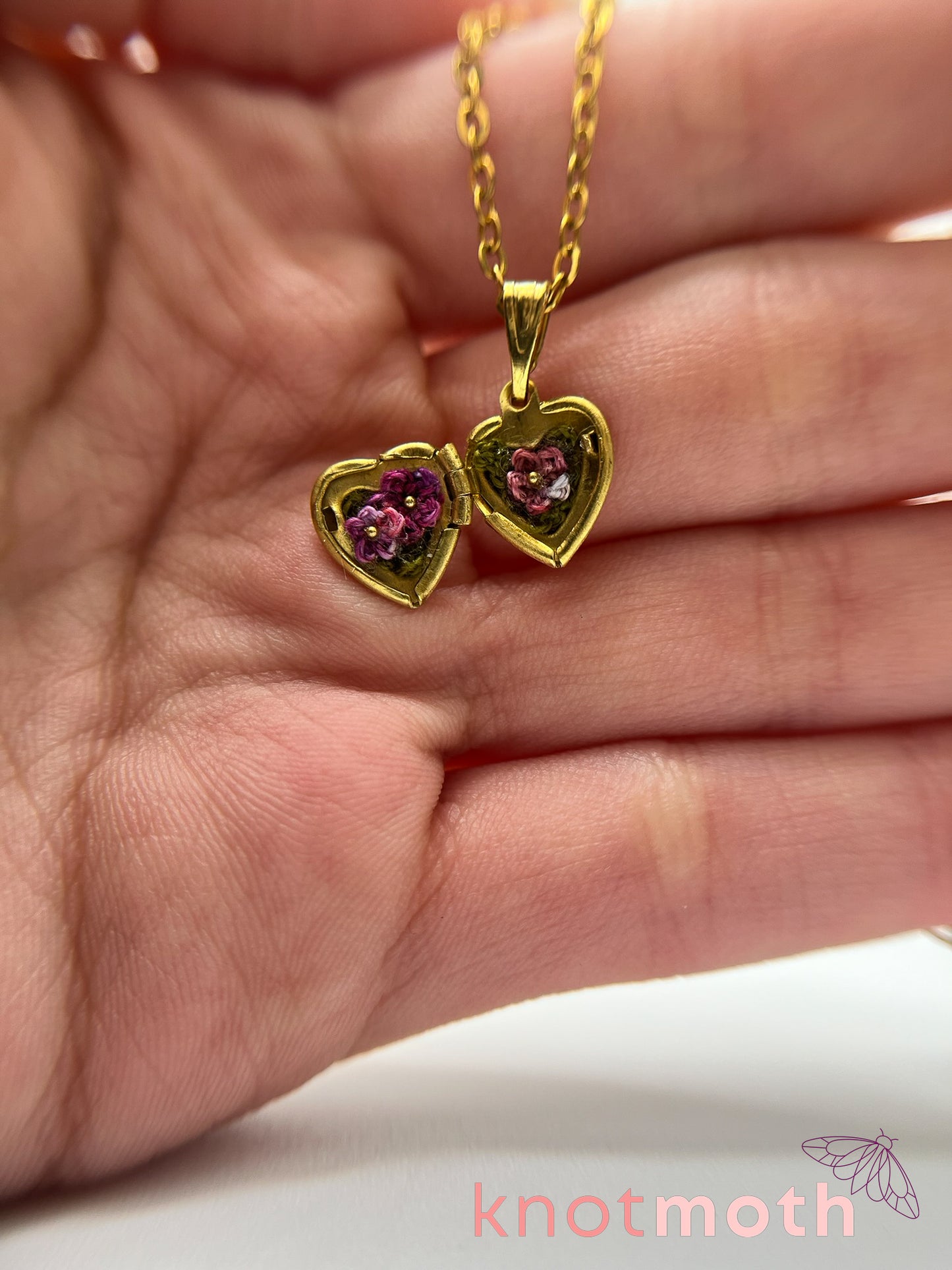 violets floriography micro-crochet heart locket