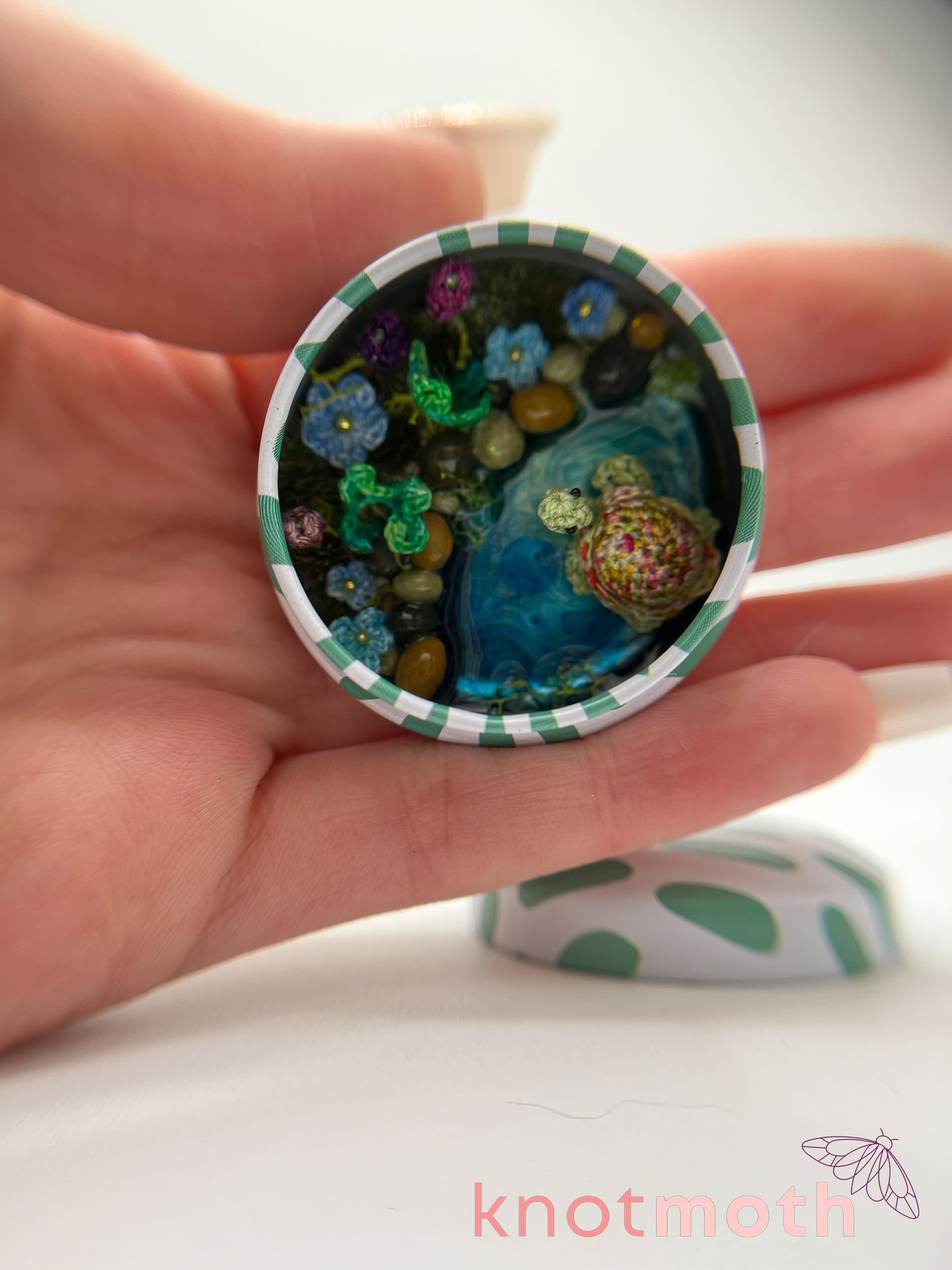 tashi turtle & garden pond scene micro crochet tin