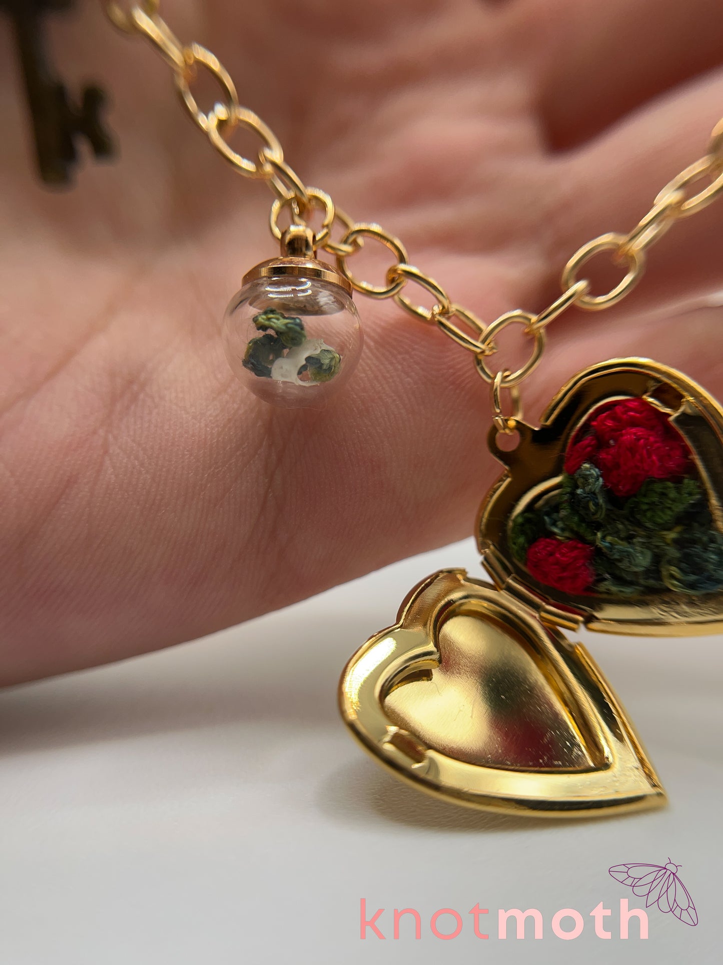 locket & charm necklace with micro crochet details