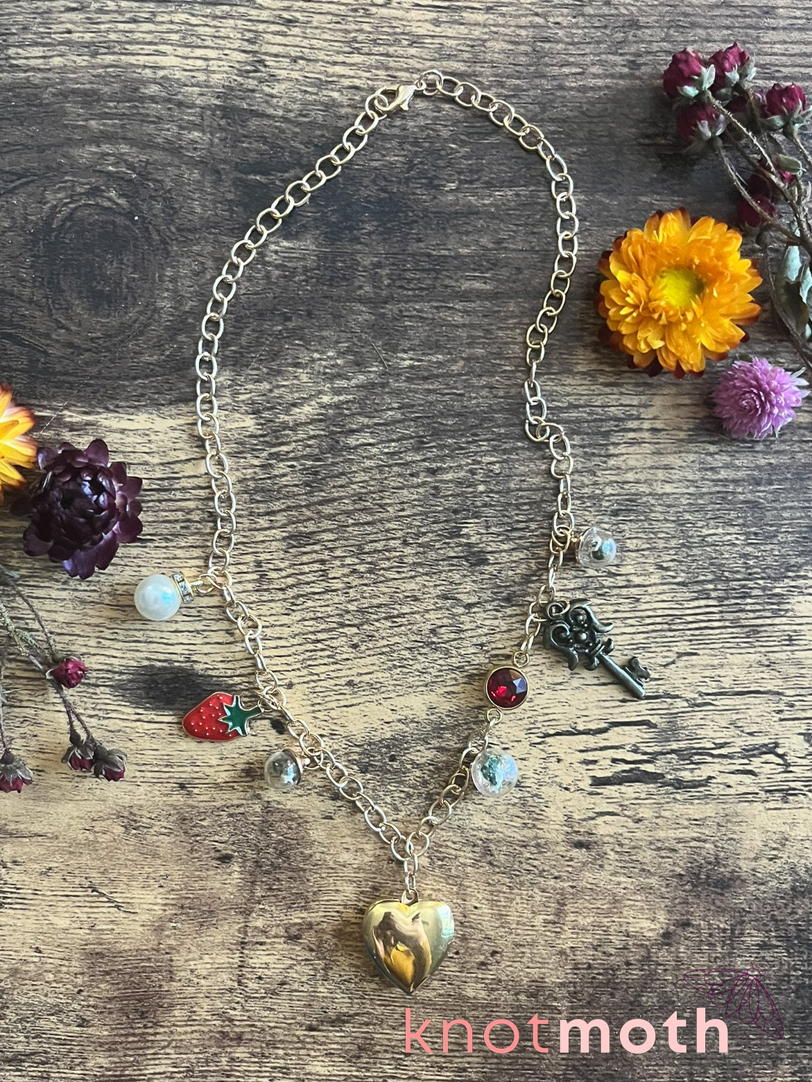 locket & charm necklace with micro crochet details