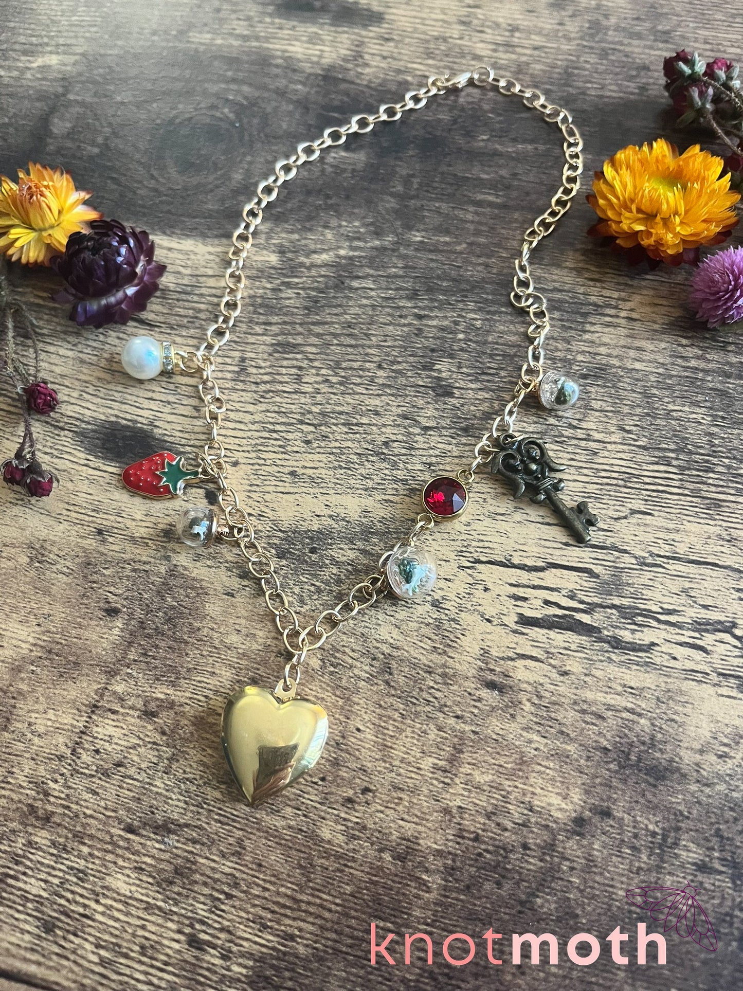 locket & charm necklace with micro crochet details