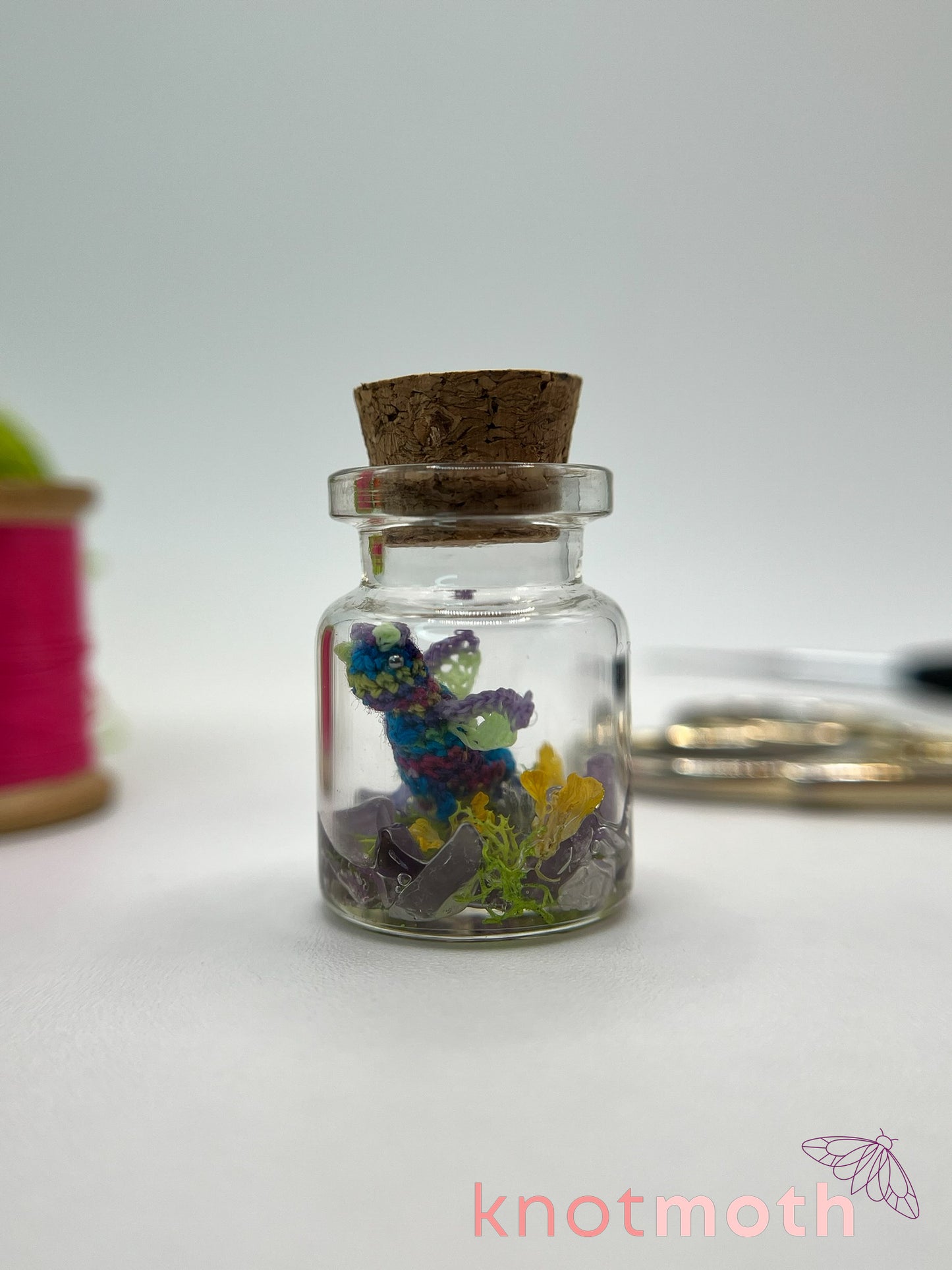 dalia dragon micro crochet jar with dried flowers and amethyst