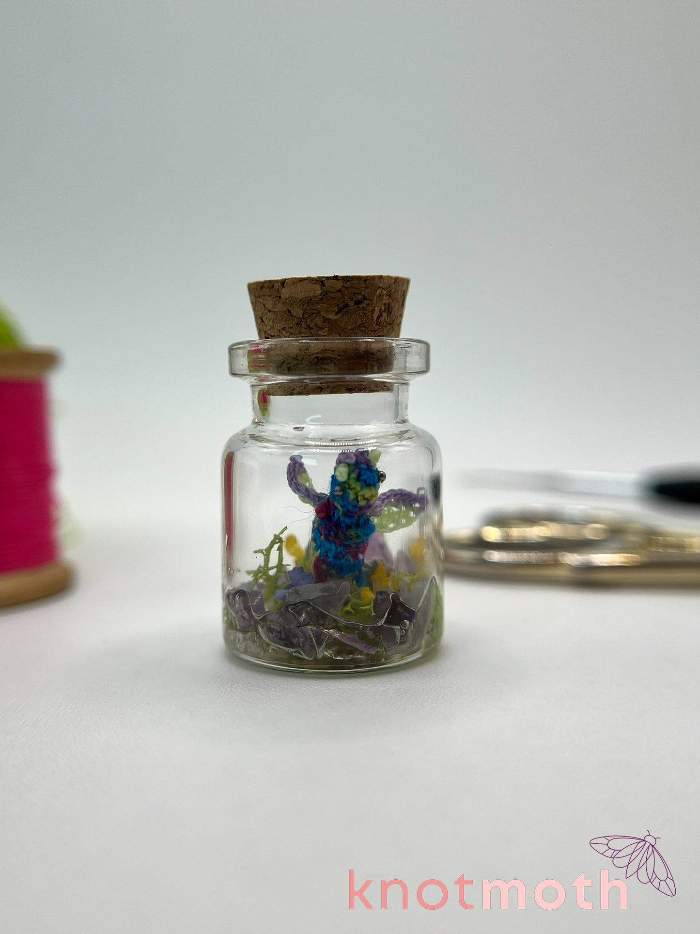dalia dragon micro crochet jar with dried flowers and amethyst