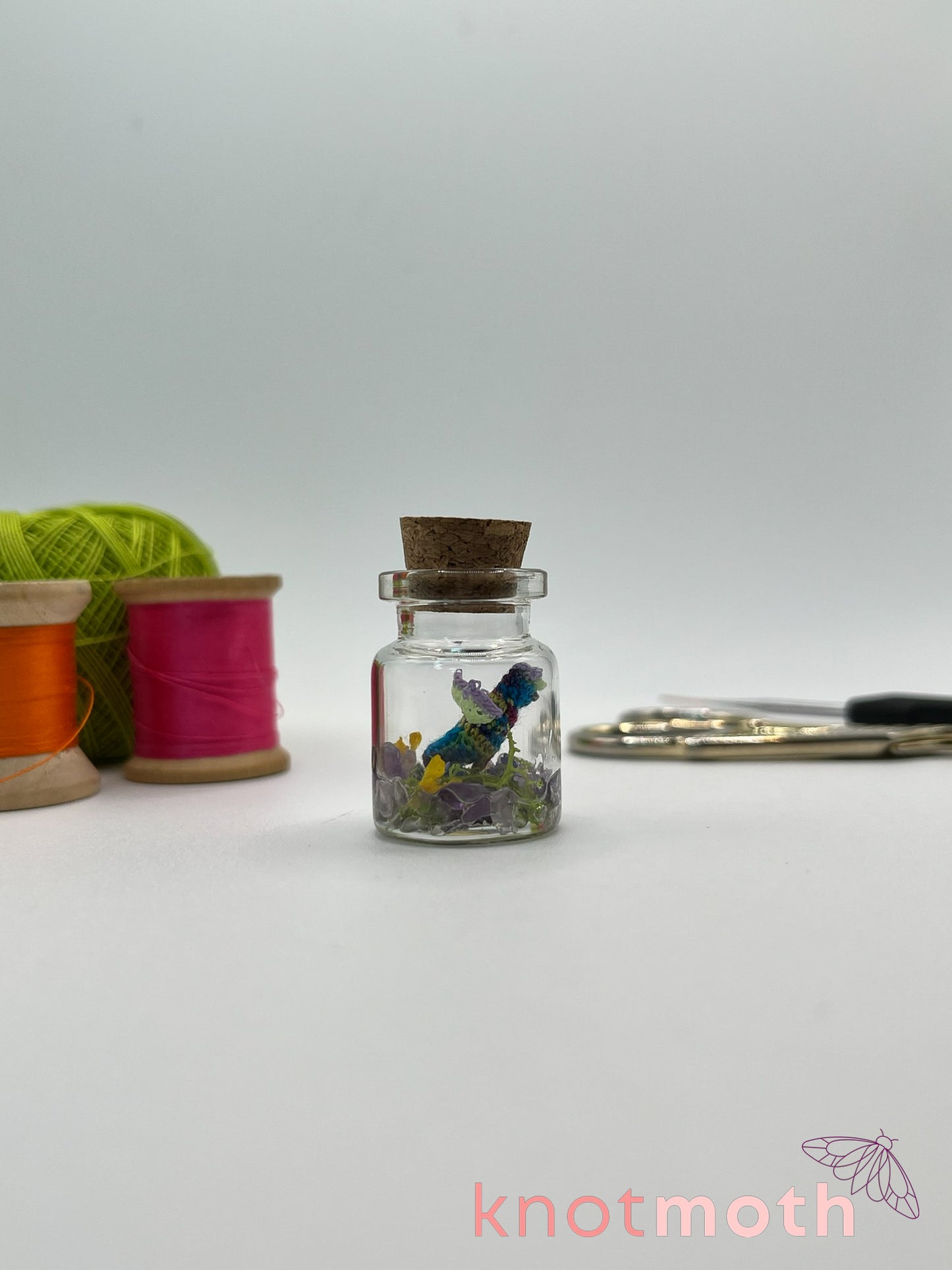 dalia dragon micro crochet jar with dried flowers and amethyst