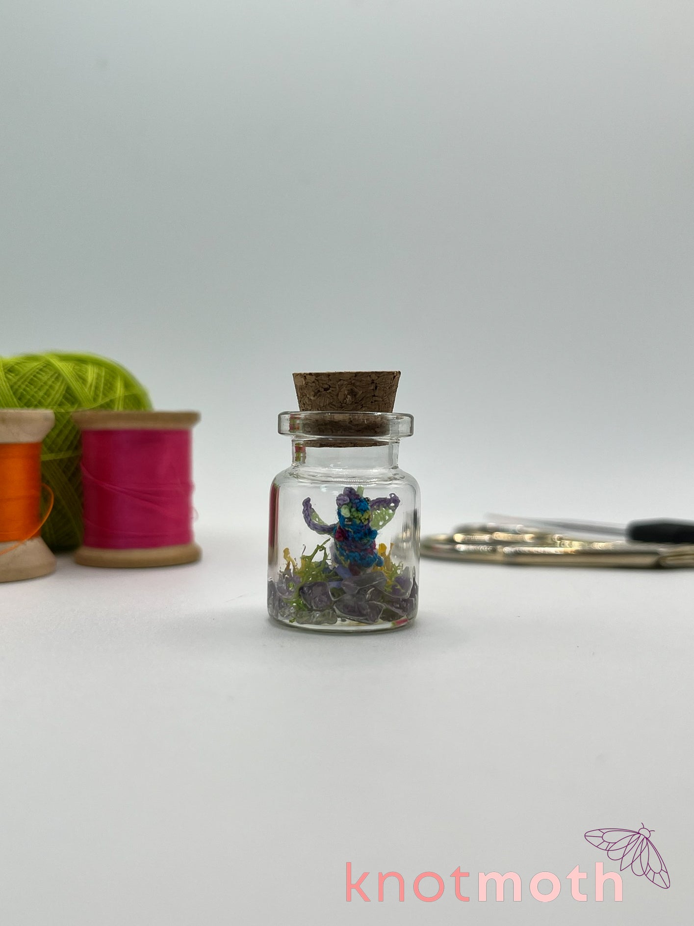 dalia dragon micro crochet jar with dried flowers and amethyst