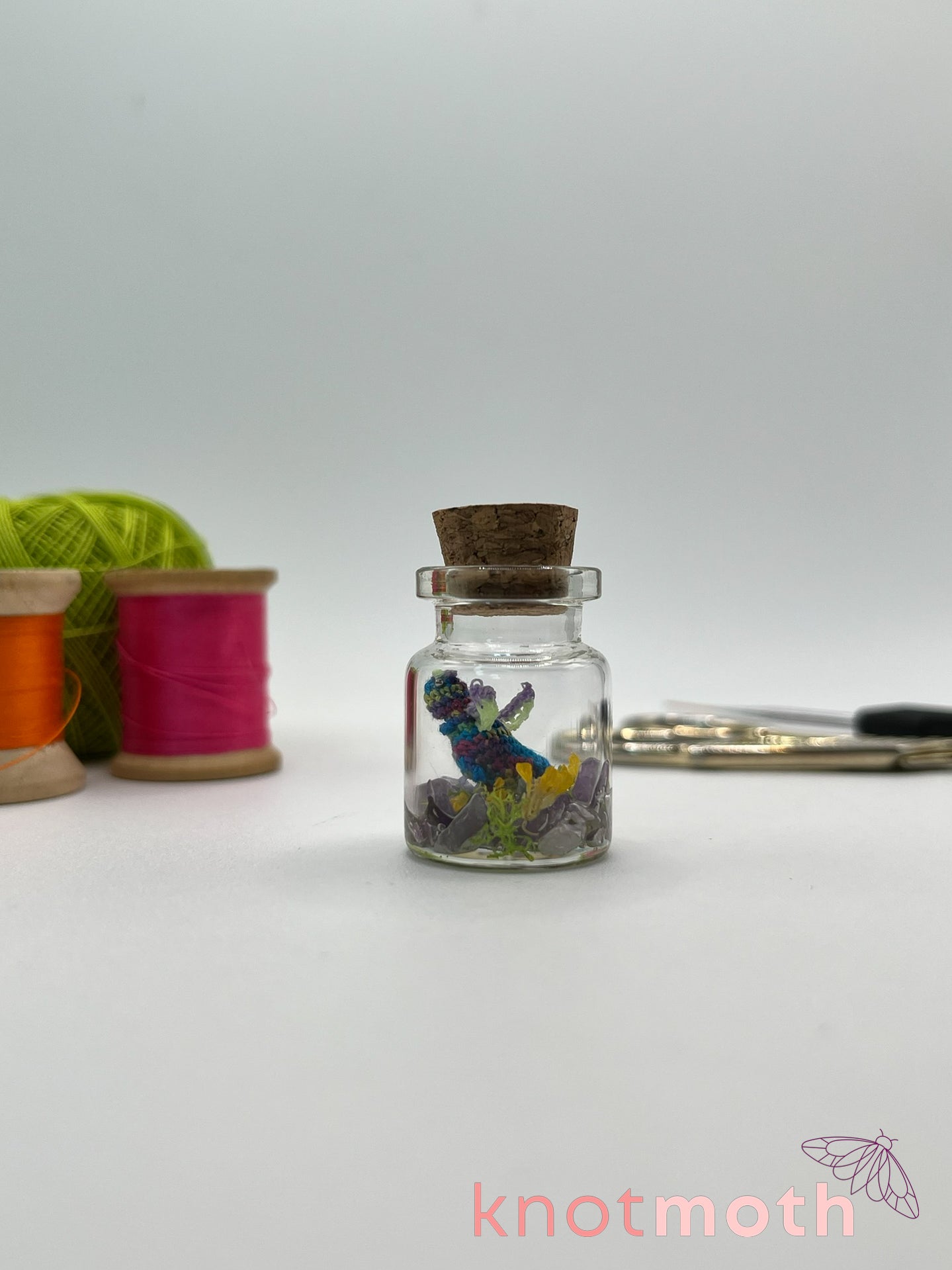 dalia dragon micro crochet jar with dried flowers and amethyst