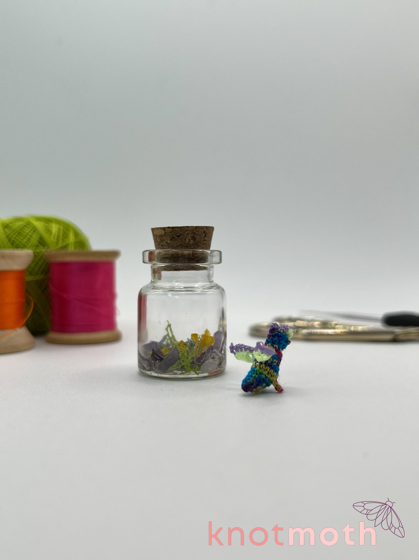 dalia dragon micro crochet jar with dried flowers and amethyst