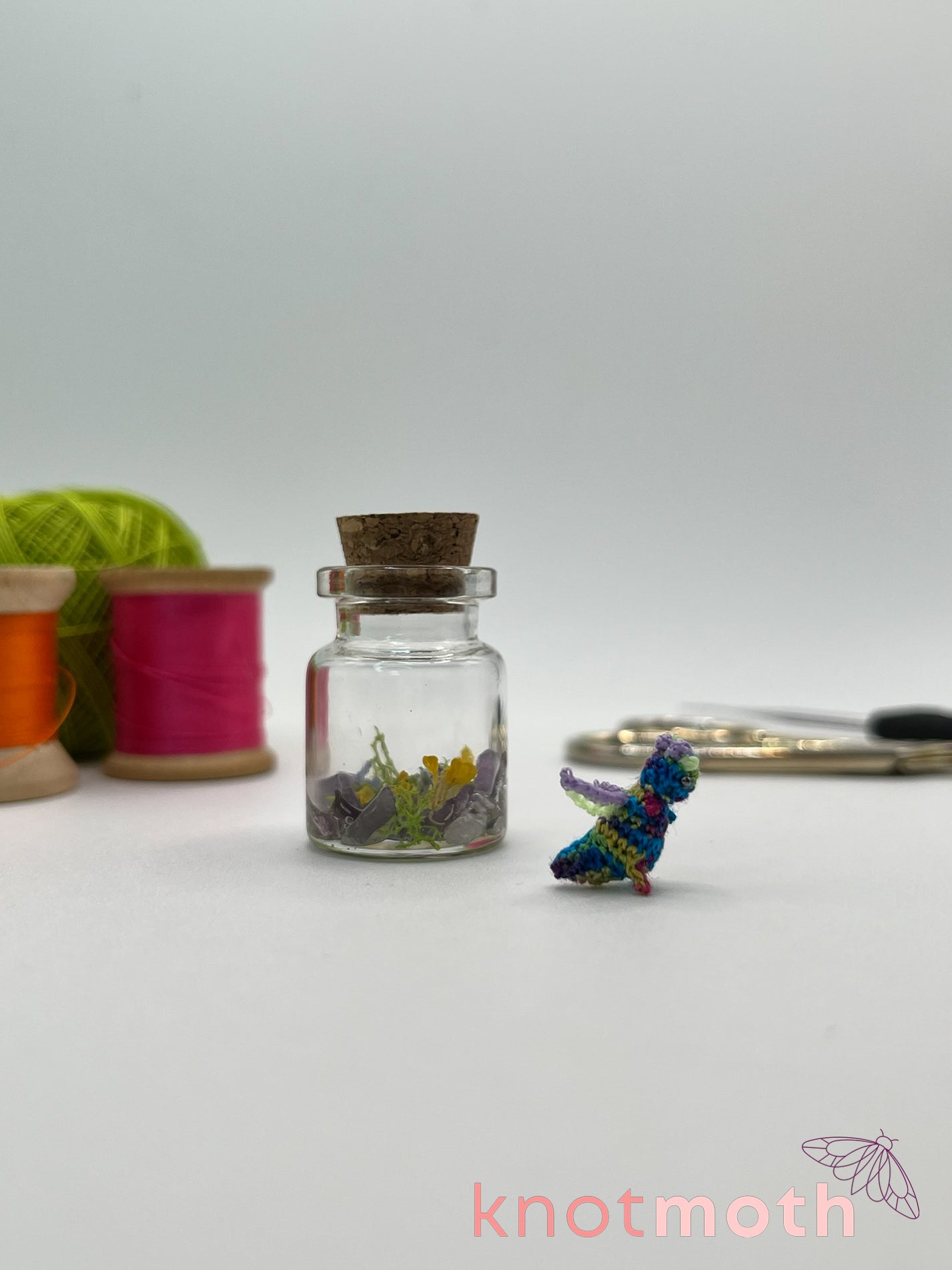 dalia dragon micro crochet jar with dried flowers and amethyst