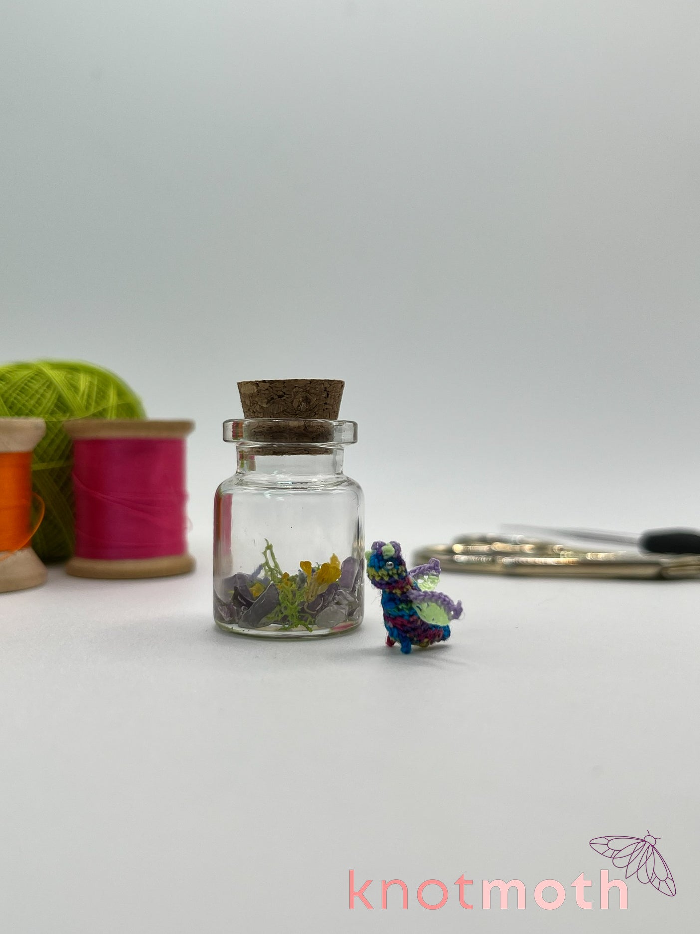 dalia dragon micro crochet jar with dried flowers and amethyst