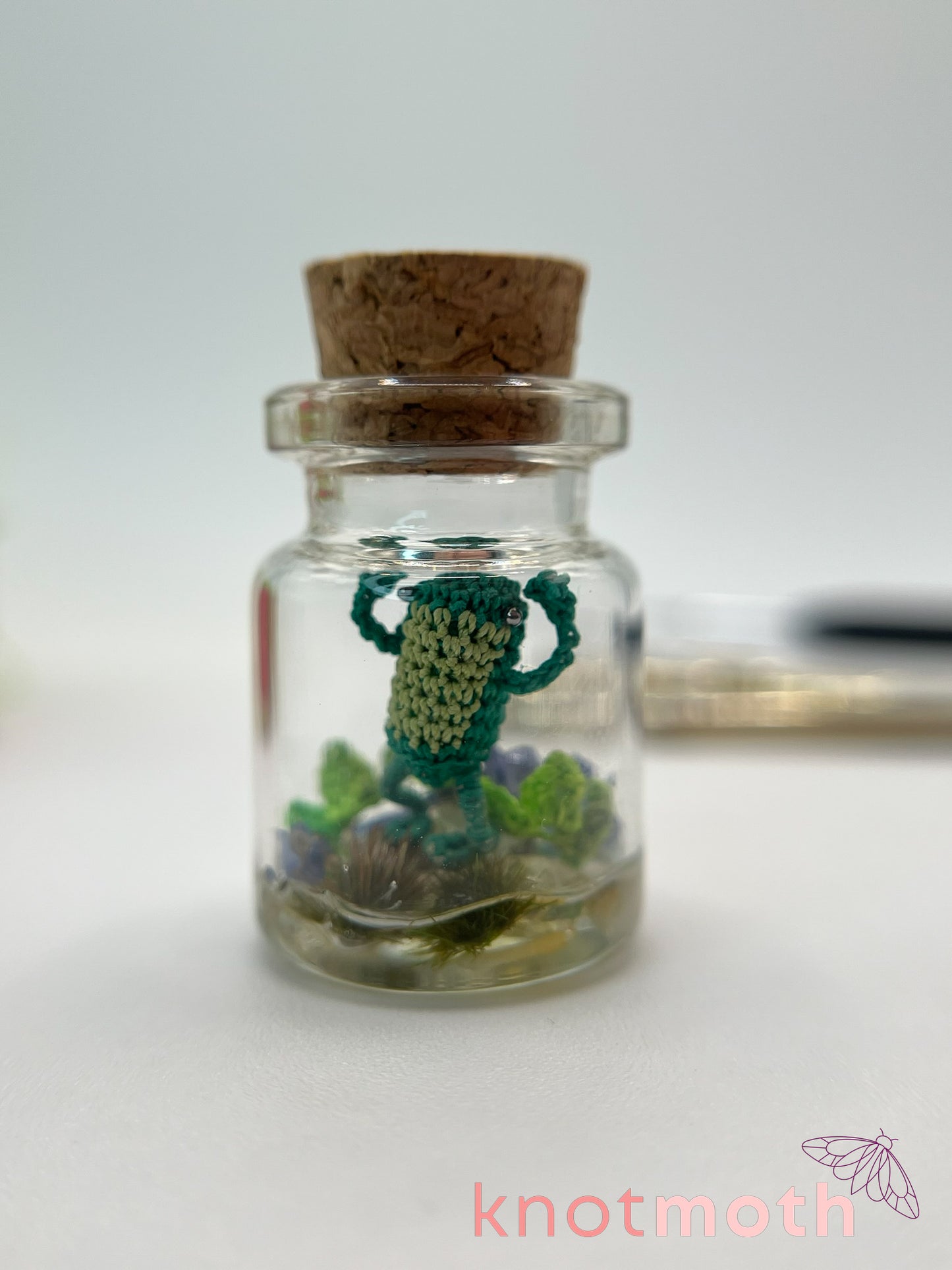 fennel frog micro crochet jar with vines & forget-me-not flowers