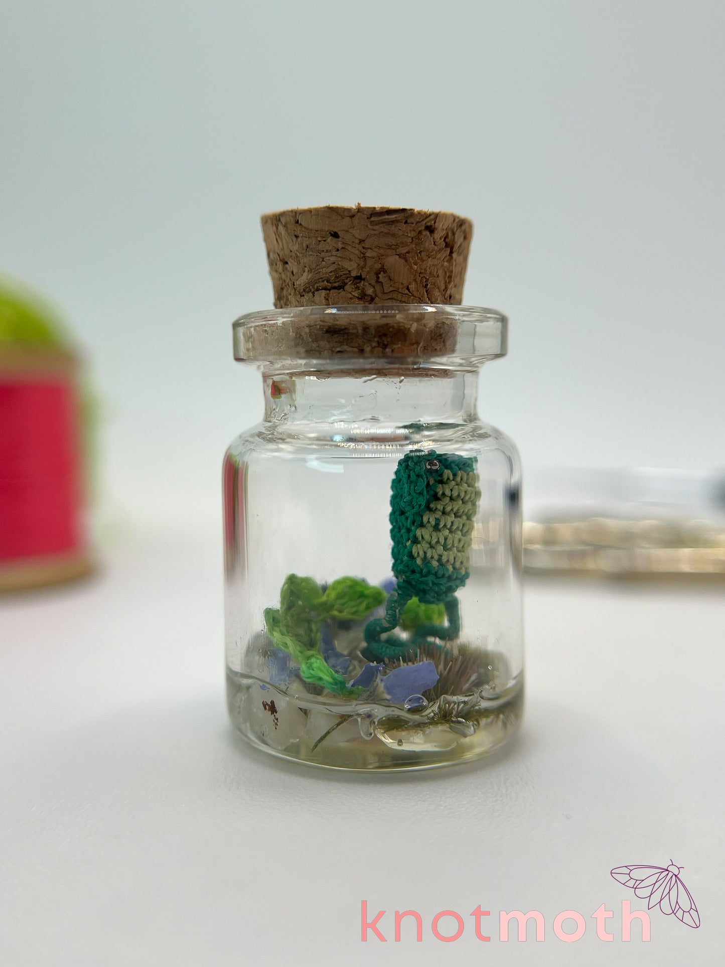 fennel frog micro crochet jar with vines & forget-me-not flowers