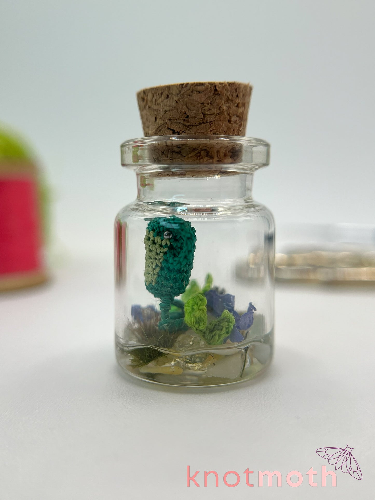 fennel frog micro crochet jar with vines & forget-me-not flowers