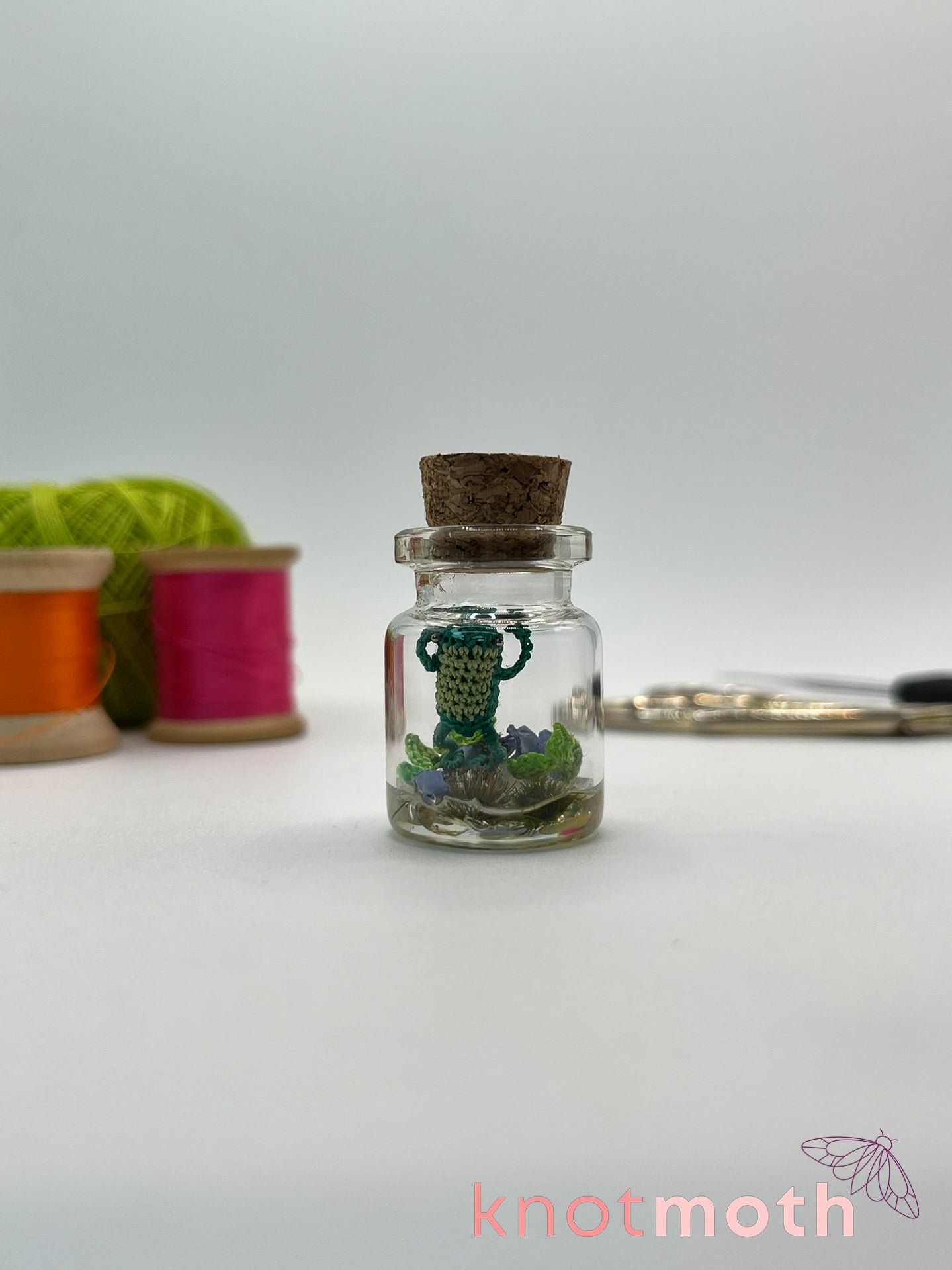 fennel frog micro crochet jar with vines & forget-me-not flowers