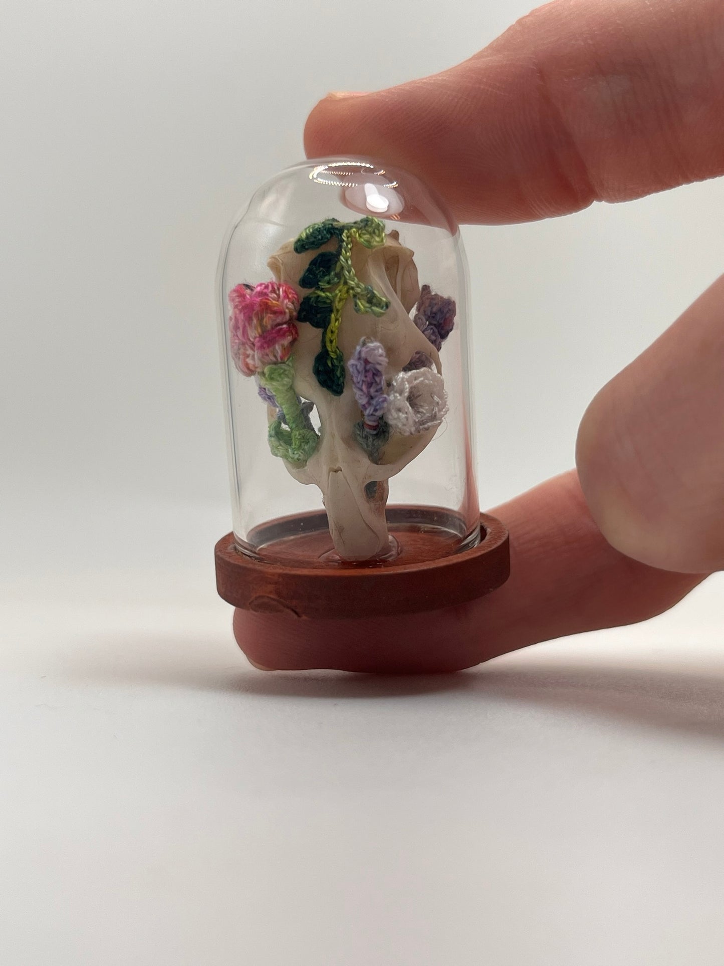 roses, lavender, & mushrooms skull - micro-crochet dome jar