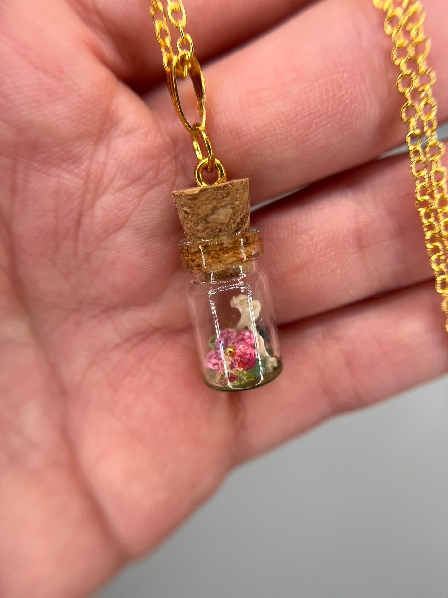pink flower & humerus bone pair - bone garden necklace