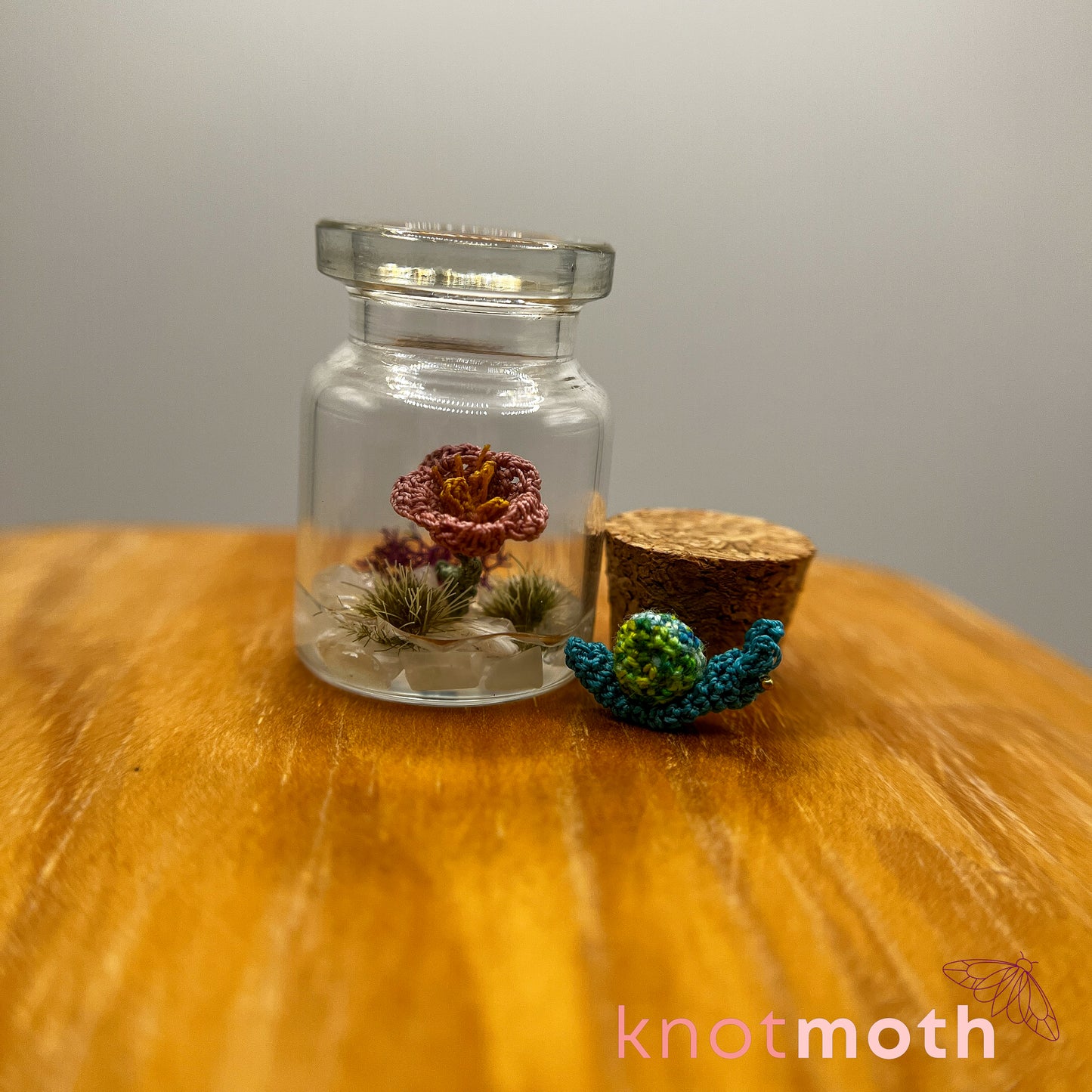 Sunita Snail and Tulip Micro Crochet Terrarium Jar (removable, magnetic)