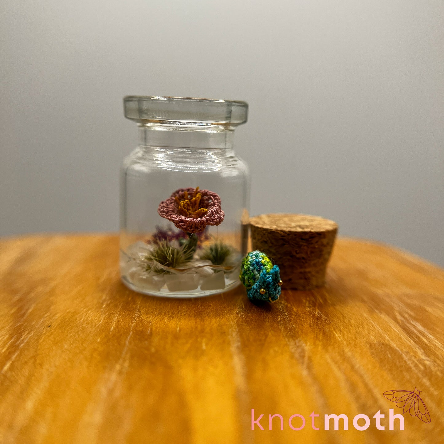 Sunita Snail and Tulip Micro Crochet Terrarium Jar (removable, magnetic)