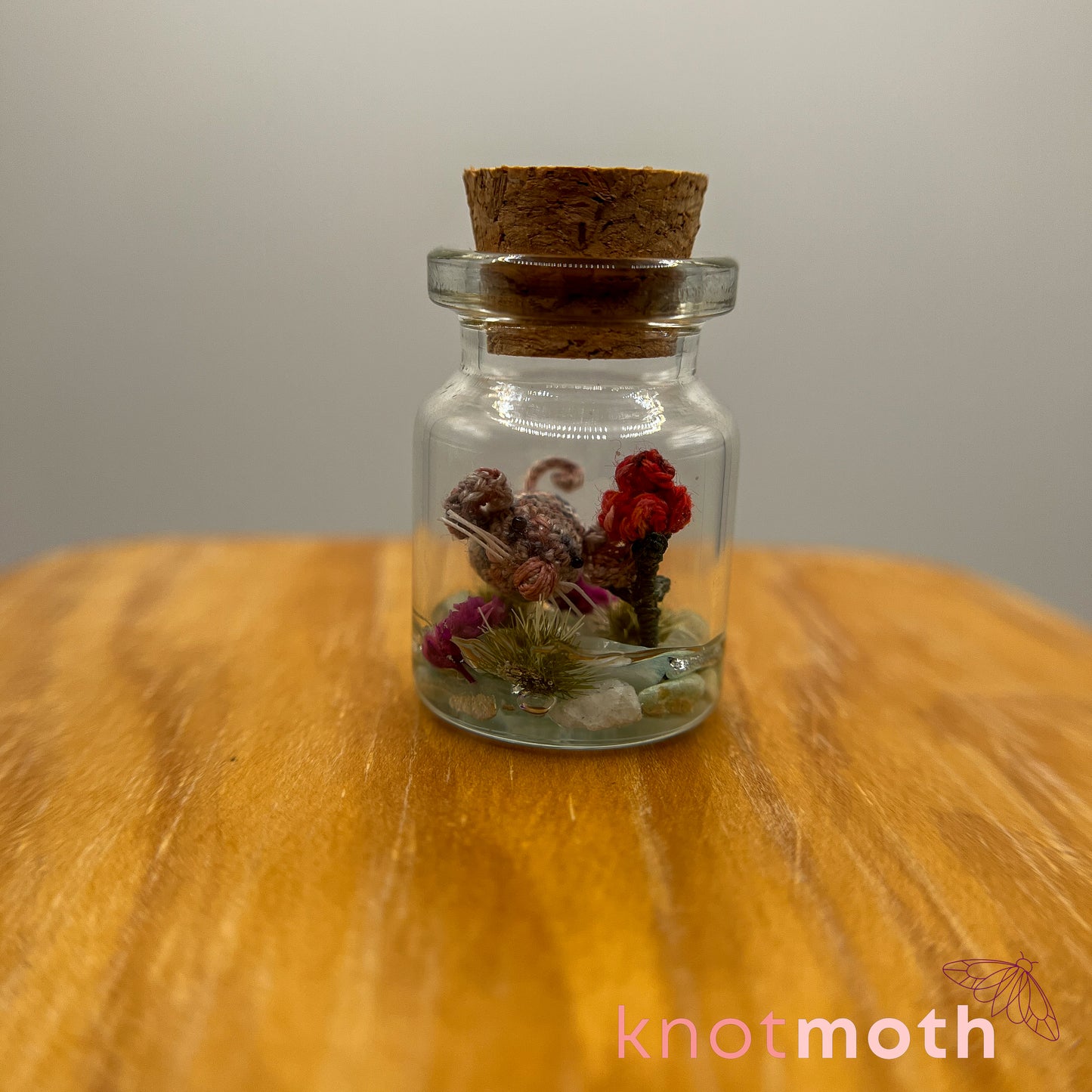 Marsha Mouse and Rose Micro Crochet Terrarium Jar (removable, magnetic)