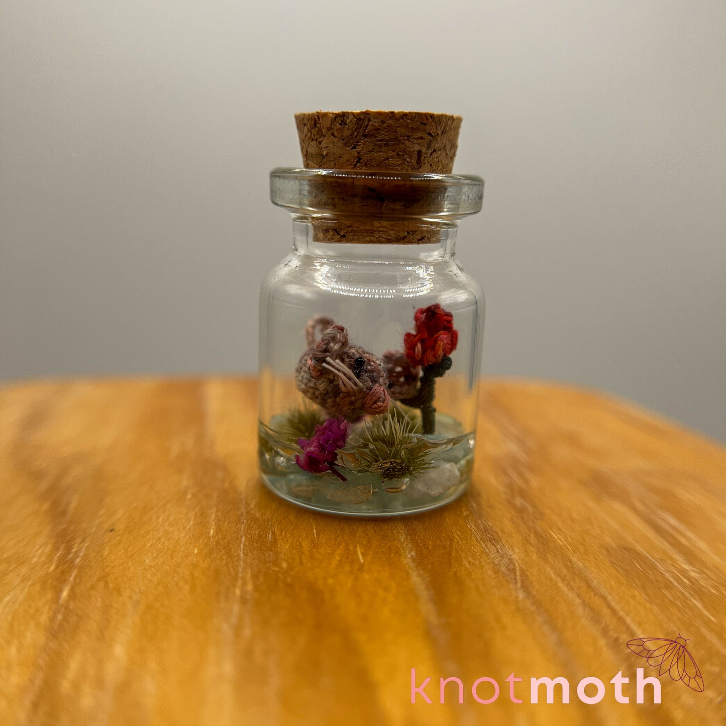 Marsha Mouse and Rose Micro Crochet Terrarium Jar (removable, magnetic)