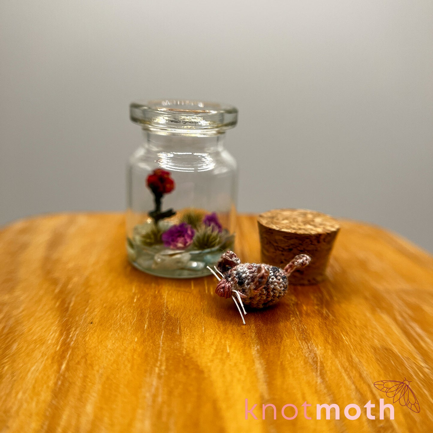 Marsha Mouse and Rose Micro Crochet Terrarium Jar (removable, magnetic)