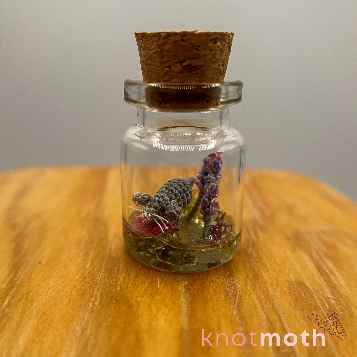 Mae Mouse and Lavender Micro Crochet Terrarium Jar (removable, magnetic)