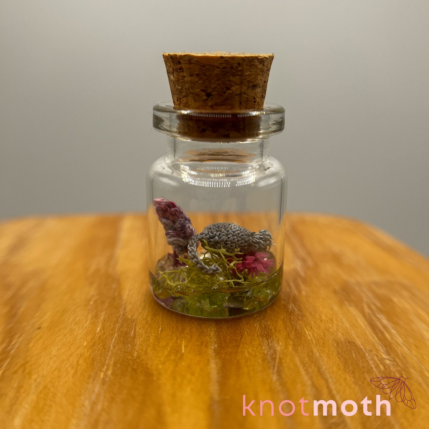 Mae Mouse and Lavender Micro Crochet Terrarium Jar (removable, magnetic)