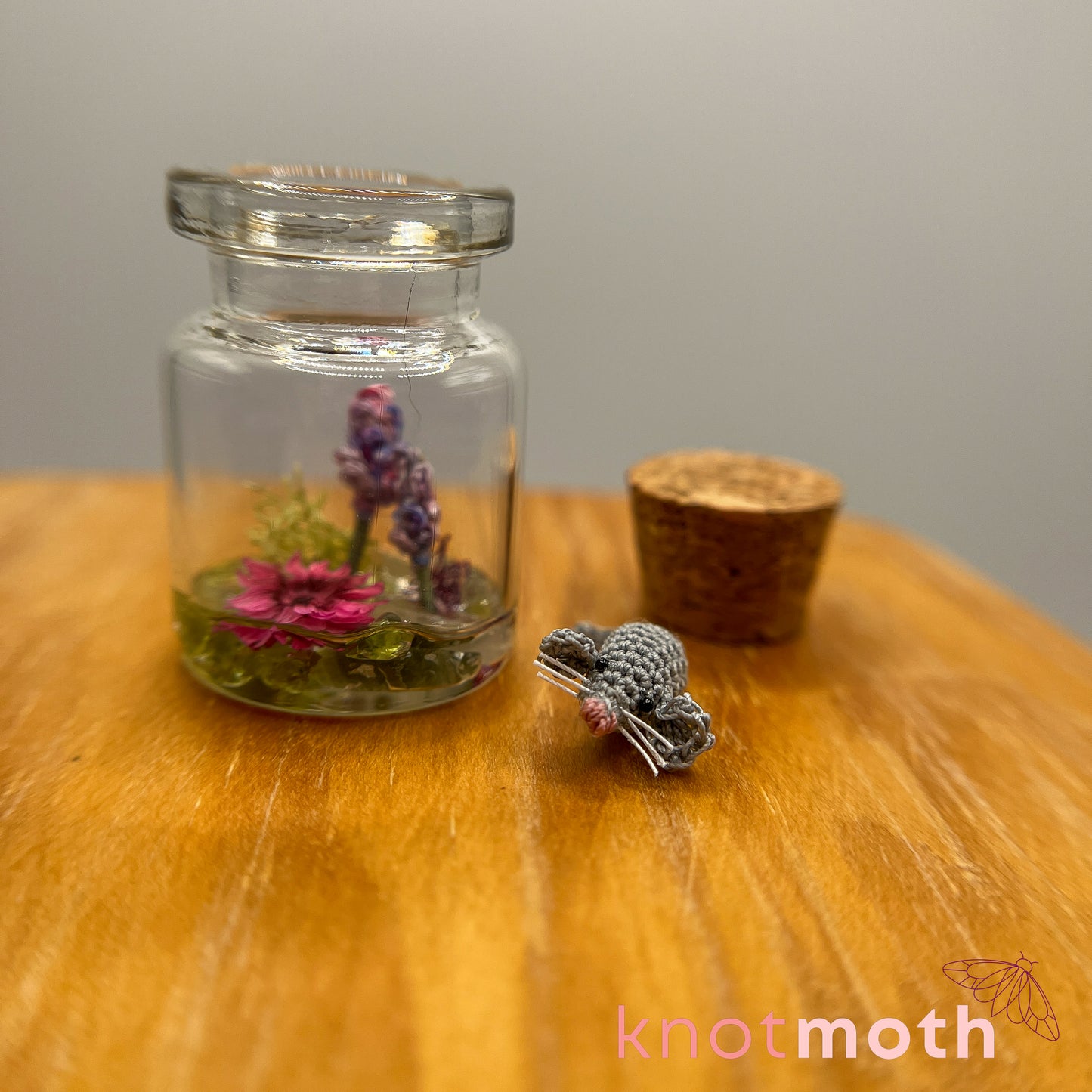 Mae Mouse and Lavender Micro Crochet Terrarium Jar (removable, magnetic)