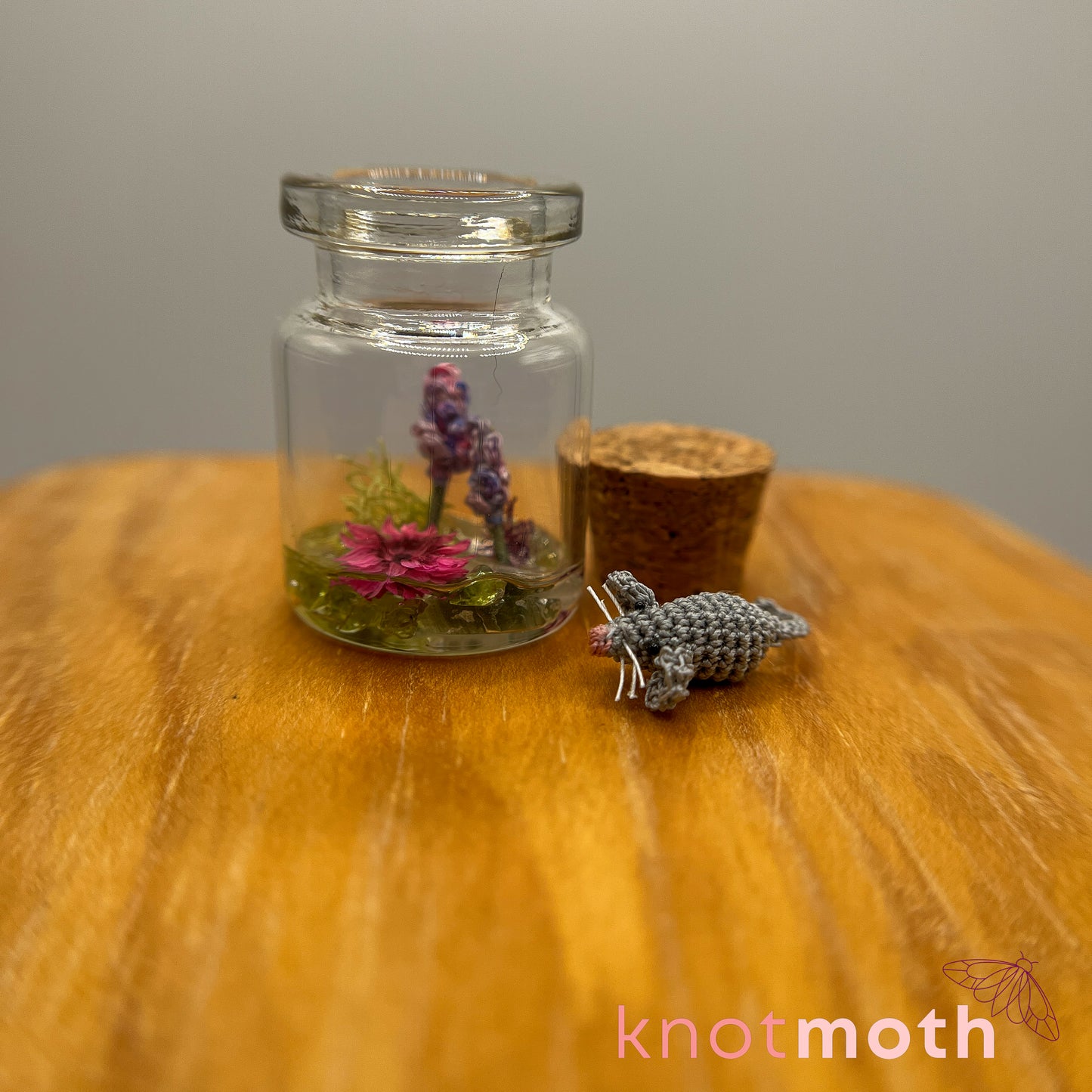 Mae Mouse and Lavender Micro Crochet Terrarium Jar (removable, magnetic)
