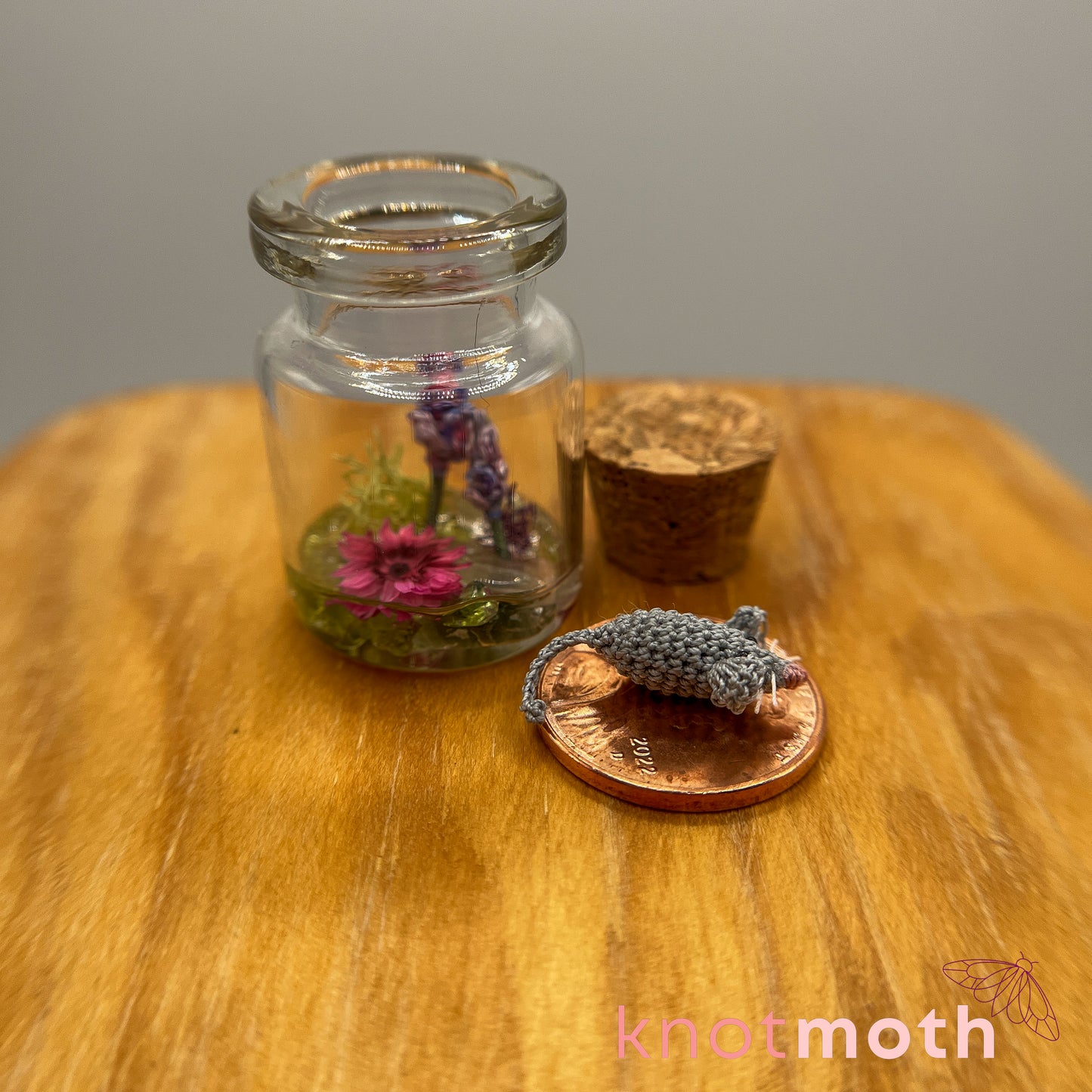 Mae Mouse and Lavender Micro Crochet Terrarium Jar (removable, magnetic)
