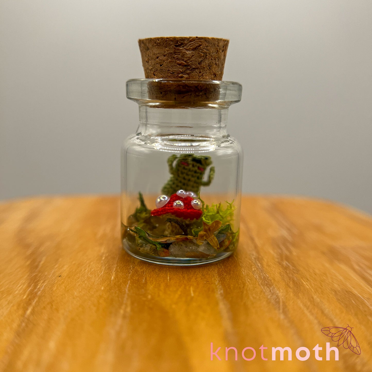 Frida Frog and Mushroom Micro Crochet Terrarium Jar (removable, magnetic)