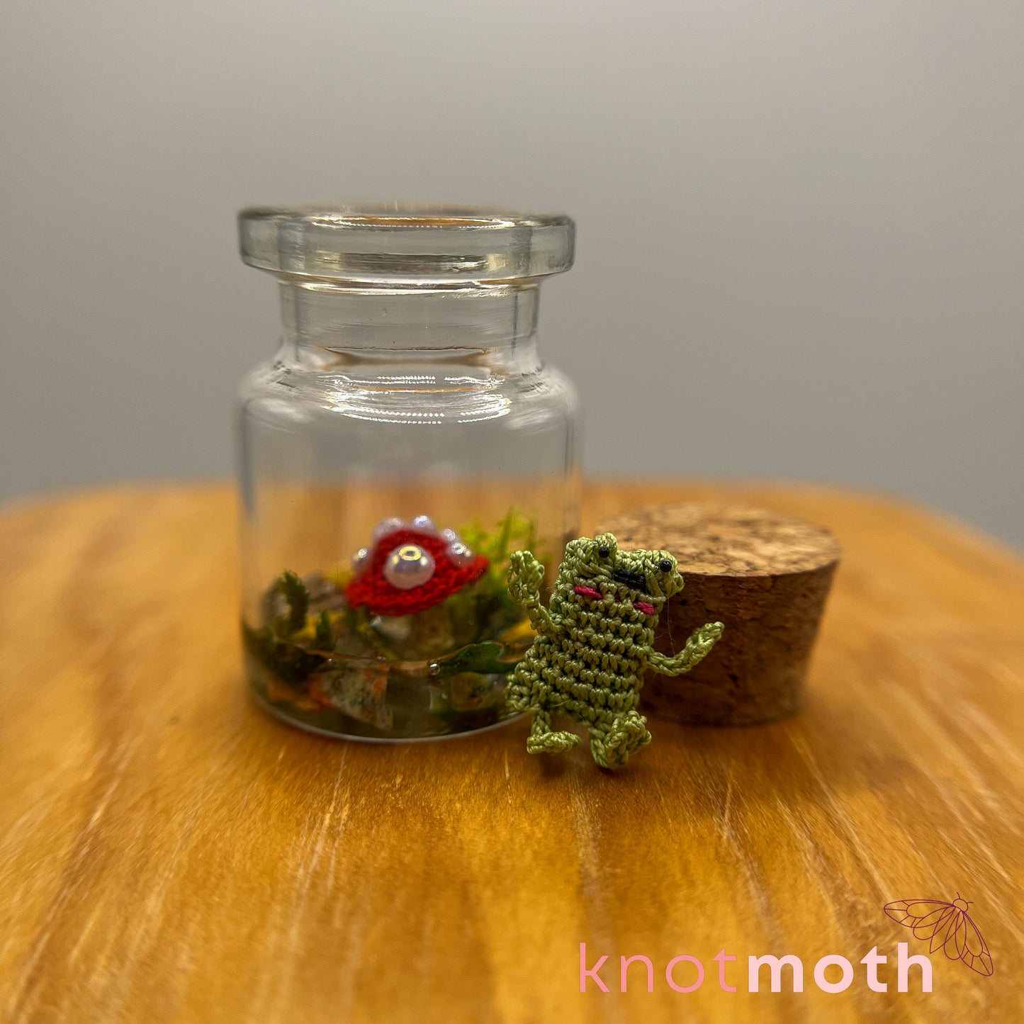 Frida Frog and Mushroom Micro Crochet Terrarium Jar (removable, magnetic)