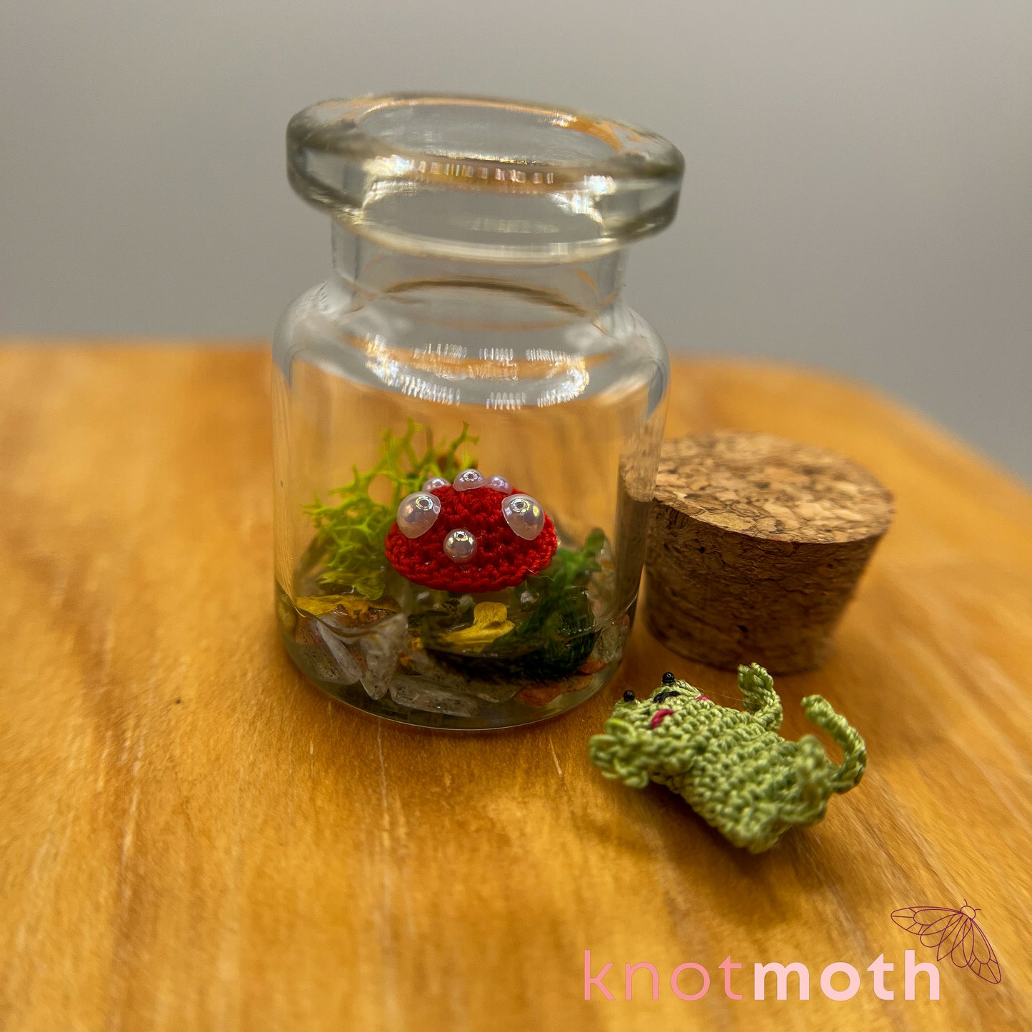 Frida Frog and Mushroom Micro Crochet Terrarium Jar (removable, magnetic)