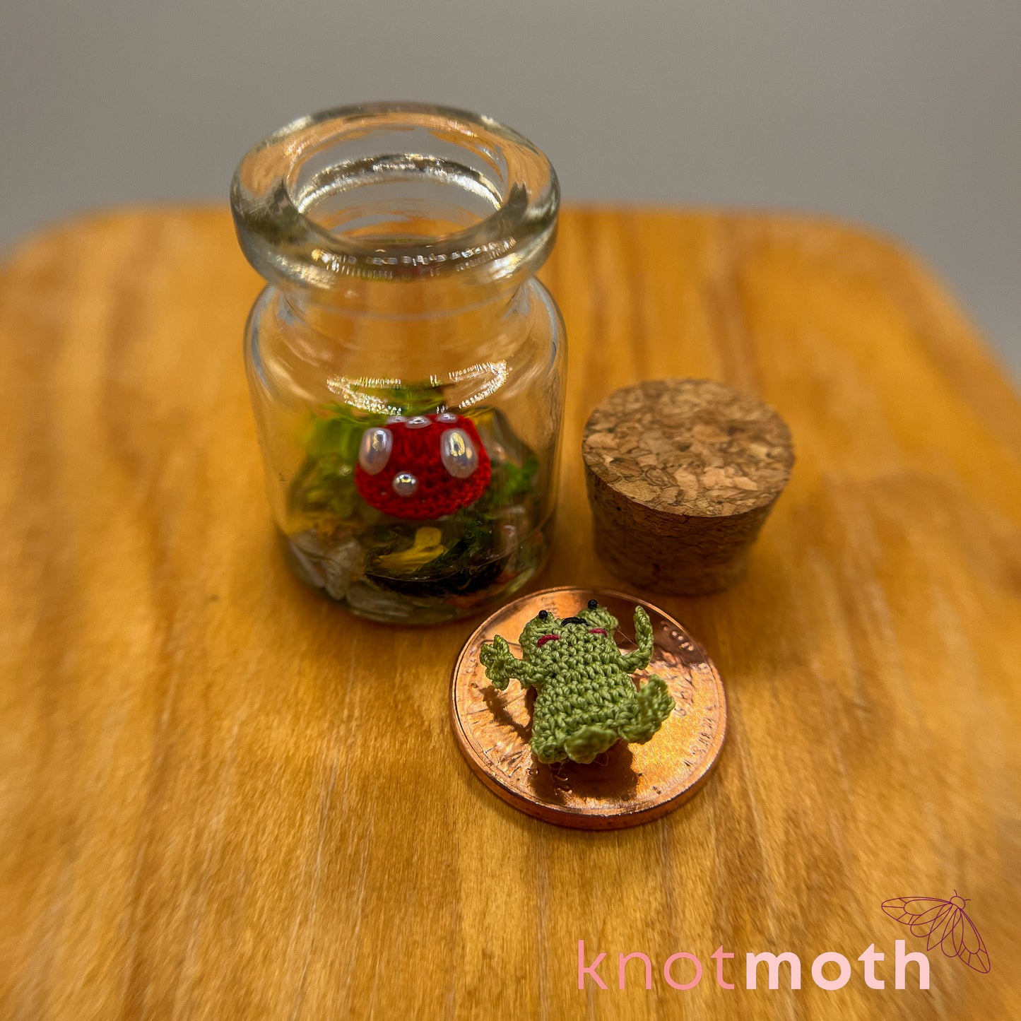 Frida Frog and Mushroom Micro Crochet Terrarium Jar (removable, magnetic)